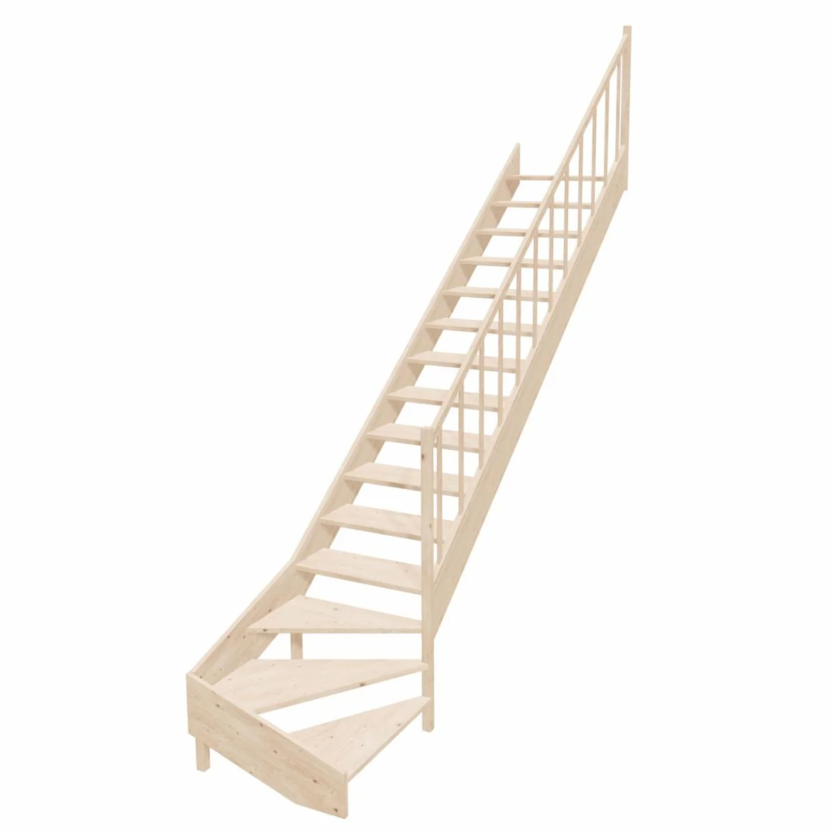Luxury corner wooden staircase with railing right side natural color H. 364 cm