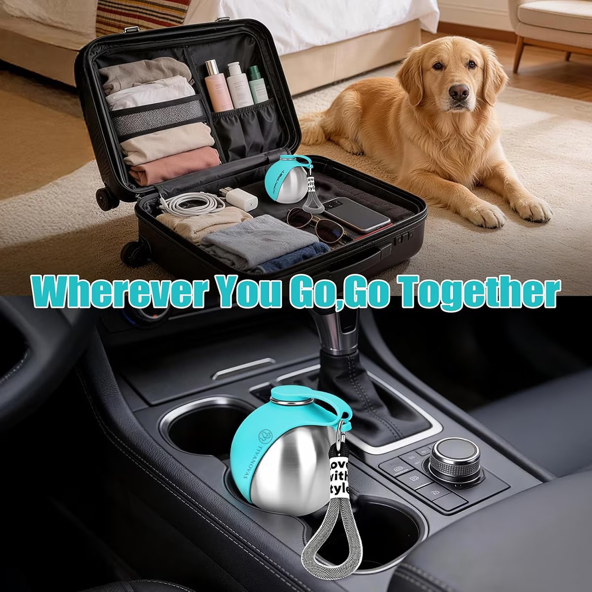 Tivanova® 2-in-1 Portable Travel Stainless Steel Dog Water Bottle, Medium, Blue