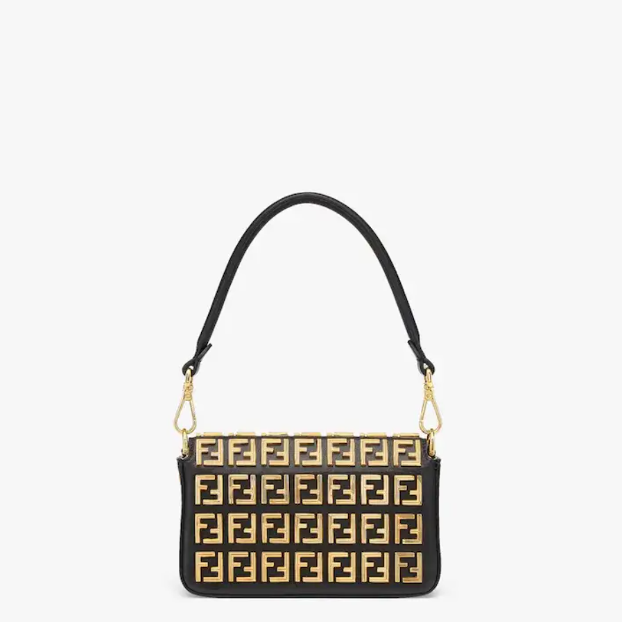 Brooch mini baguette �C Fendace Black leather bag with gold FF motif - Top Club
