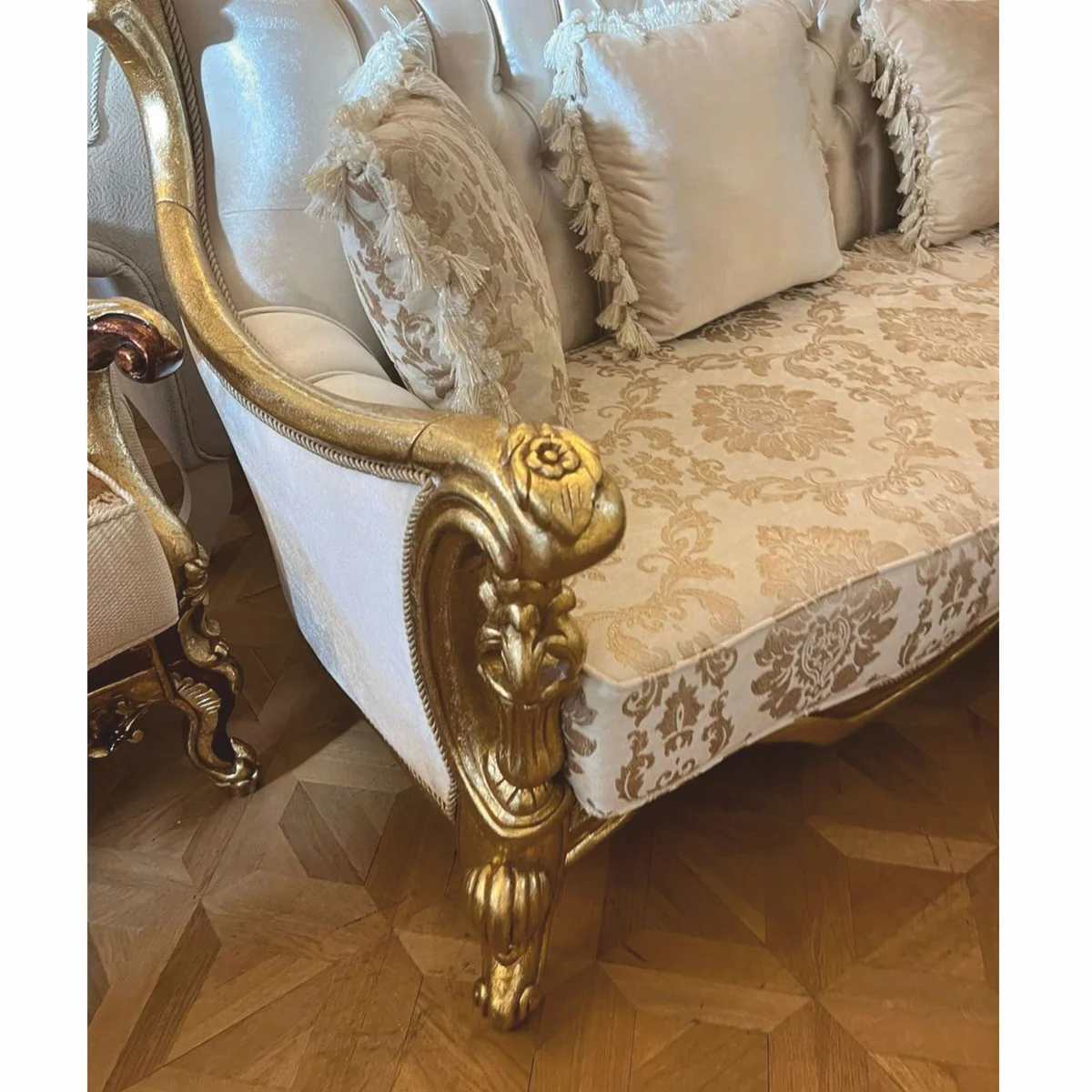 Luxury Baroque Living Room Sofa Cream / Gold 220 cm - Baroque Furniture