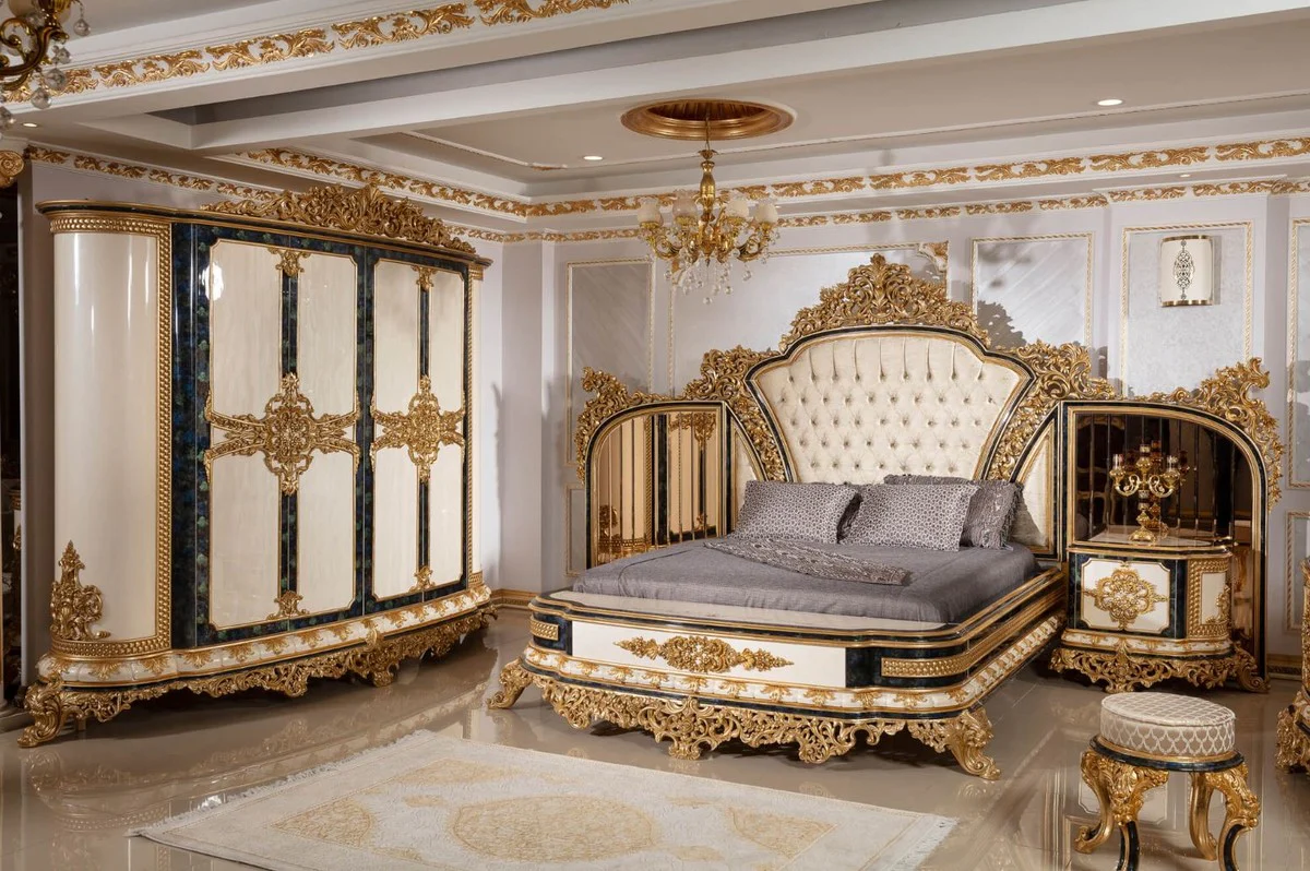 Luxury Baroque Nightstand Set White / Blue / Gold - Magnificent Solid Wood Bedside Tables - Baroque Bedroom Furniture - Noble & Magnificent