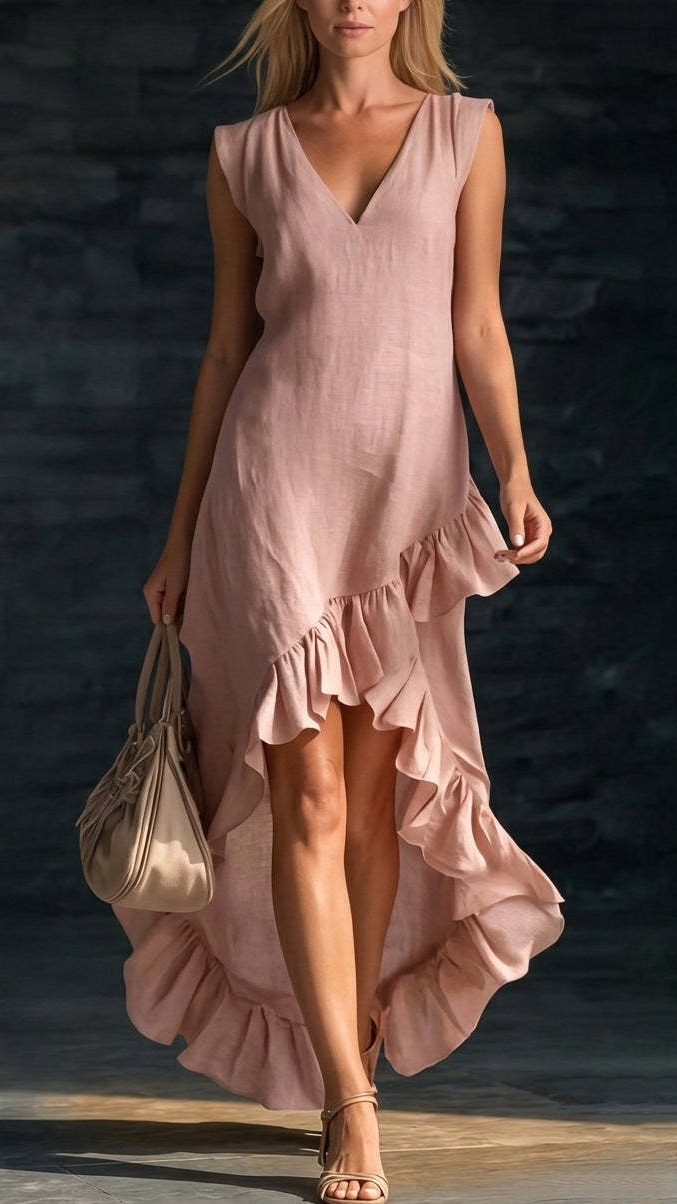 Women's Sleeveless V-Neck Cotton-Linen Maxi Dress with Ruffled Hem - Nordfashionstorm - Women's Clothing, Fashion for You - Nordfashionstorm.com