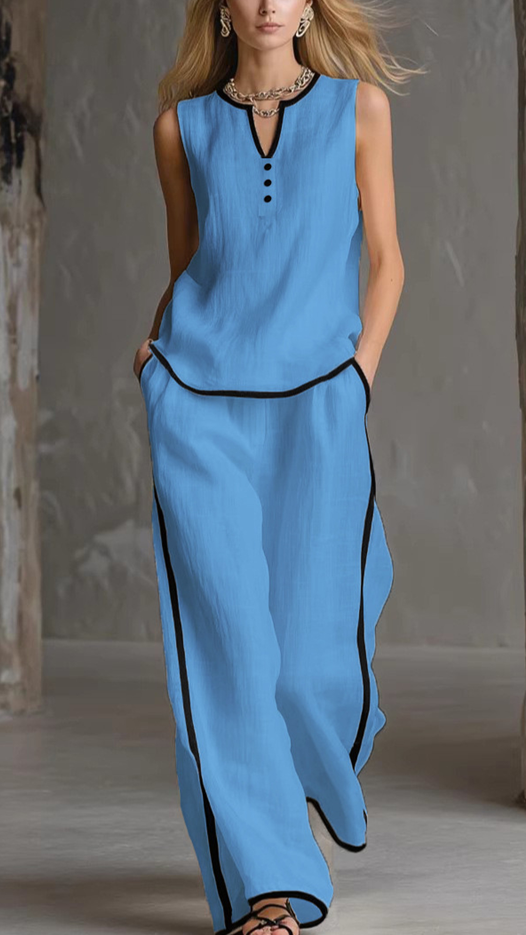 Women's Cotton-Blend Textured Sleeveless Top and Wide-Leg Pants Set - Nordfashionstorm - Women's Clothing, Fashion for You - Nordfashionstorm.com
