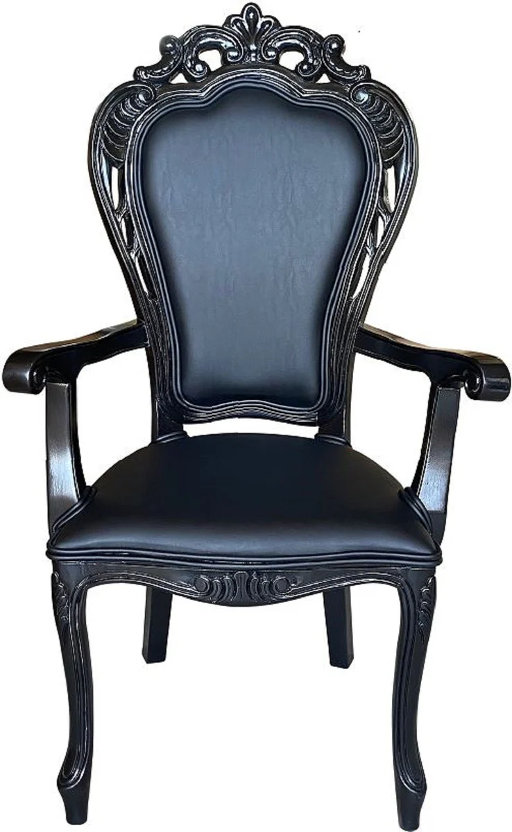 Luxury baroque dining room chair black / black - handmade antique style chair with armrests and elegant faux leather - dining room furniture in baroque style