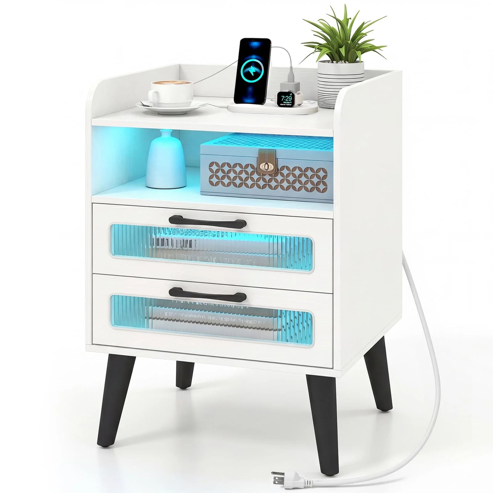 BEFOUNDLOVELY Nightstand with Charging Station and LED Lights(1/2)