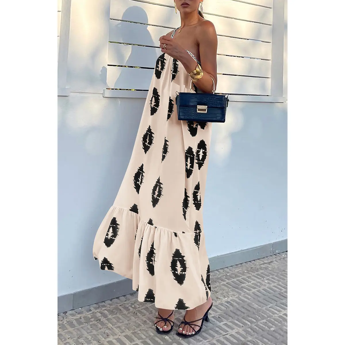 PrettyGarden Women's One Shoulder Spaghetti Strap Printed A Line Flowy Boho Maxi Long Sundress