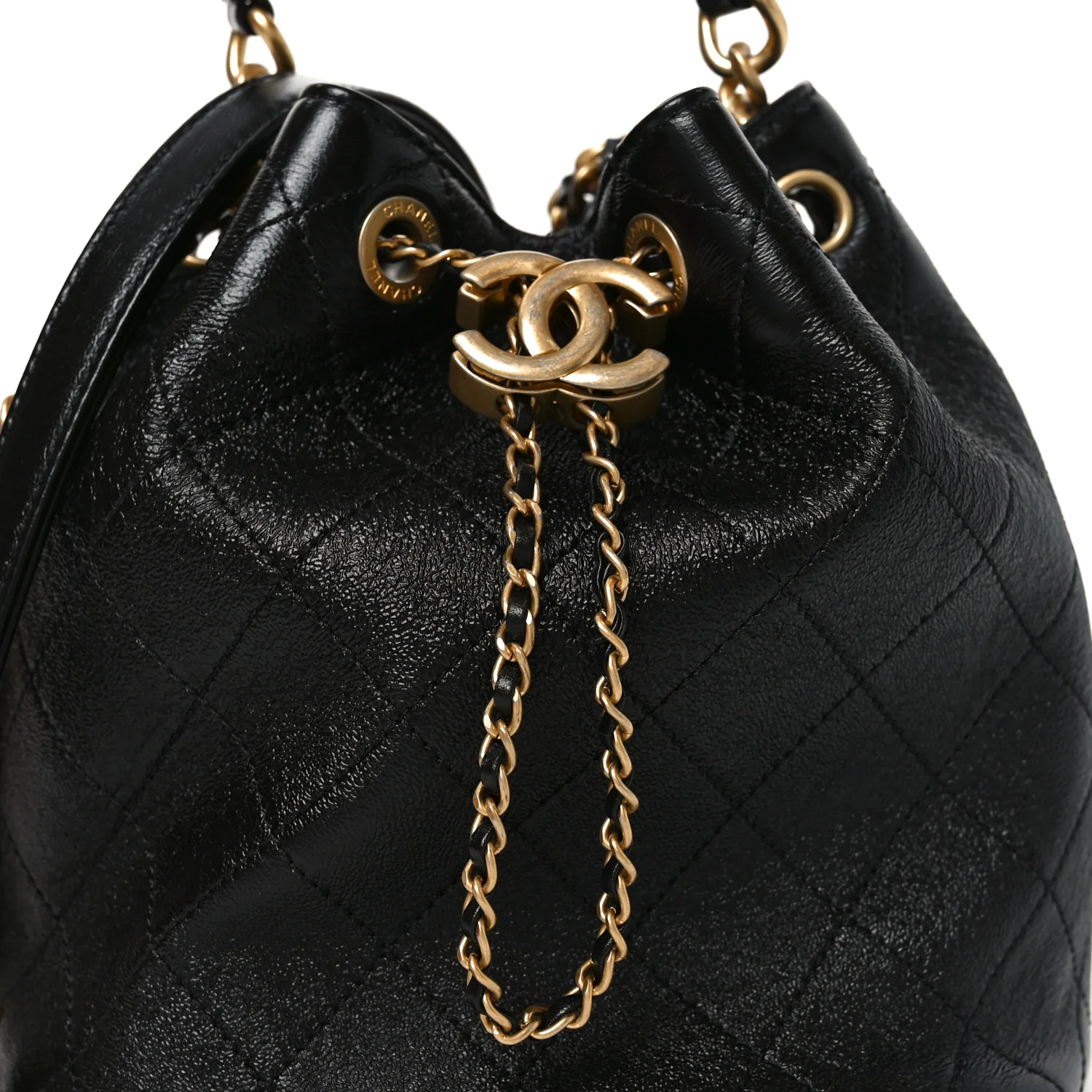 Shiny Lambskin Quilted Fashion Therapy Bucket Drawstring Bag Black - Top Club