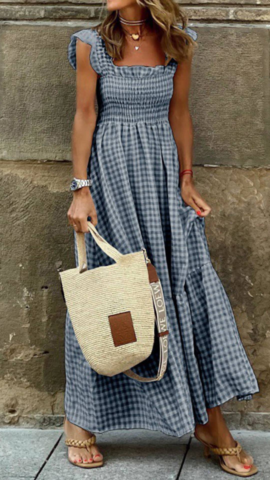 Women's  Beige Gingham Linen-Blend Maxi Dress - Nordfashionstorm - Women's Clothing, Fashion for You - Nordfashionstorm.com