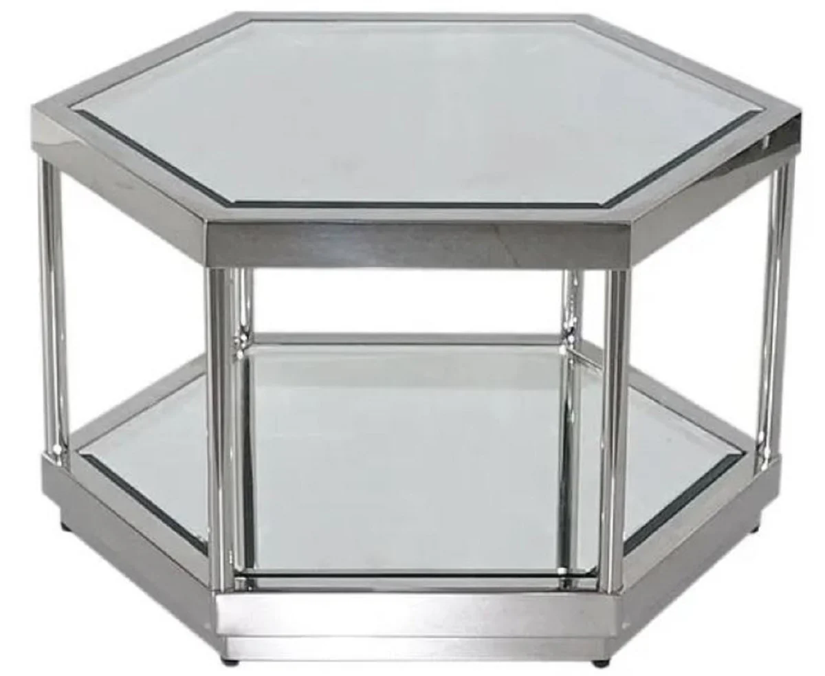 Luxury coffee table silver 60 x 52 x H. 36 cm - 6 square metal living room table with glass tops - living room furniture - luxury furniture