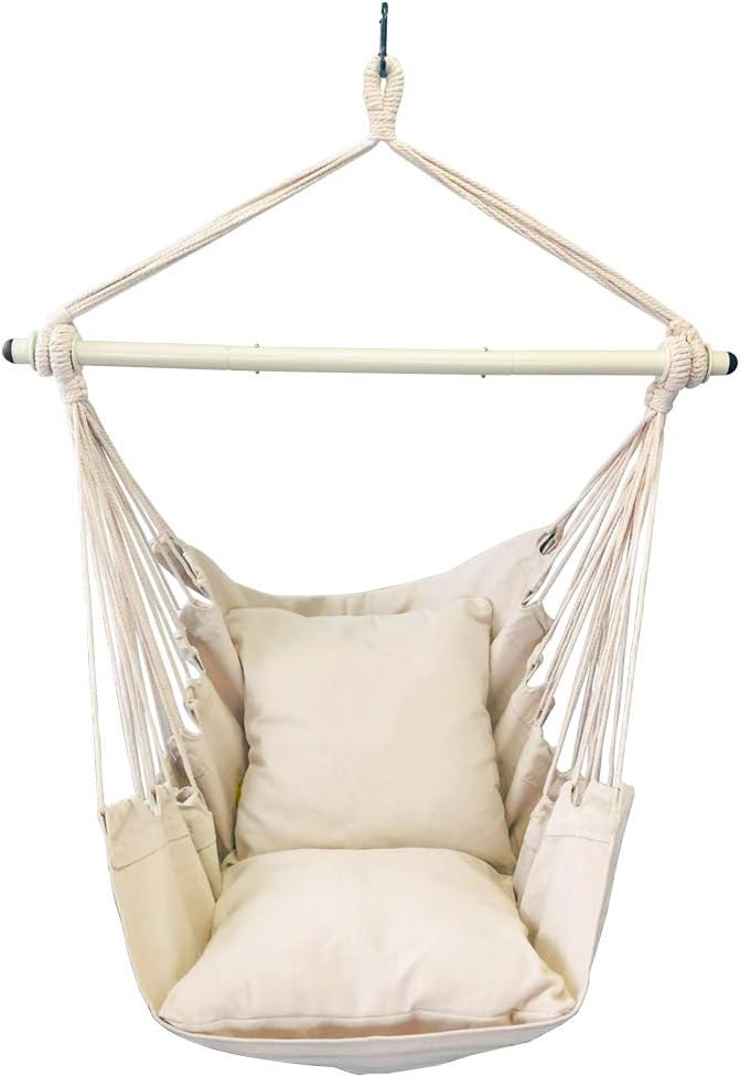 Highwild Hammock Chair Hanging Rope Swing - Max 500 Lbs - 2 Cushions Included - Steel Spreader Bar with Anti-Slip Rings - for all indoor or outdoor spaces