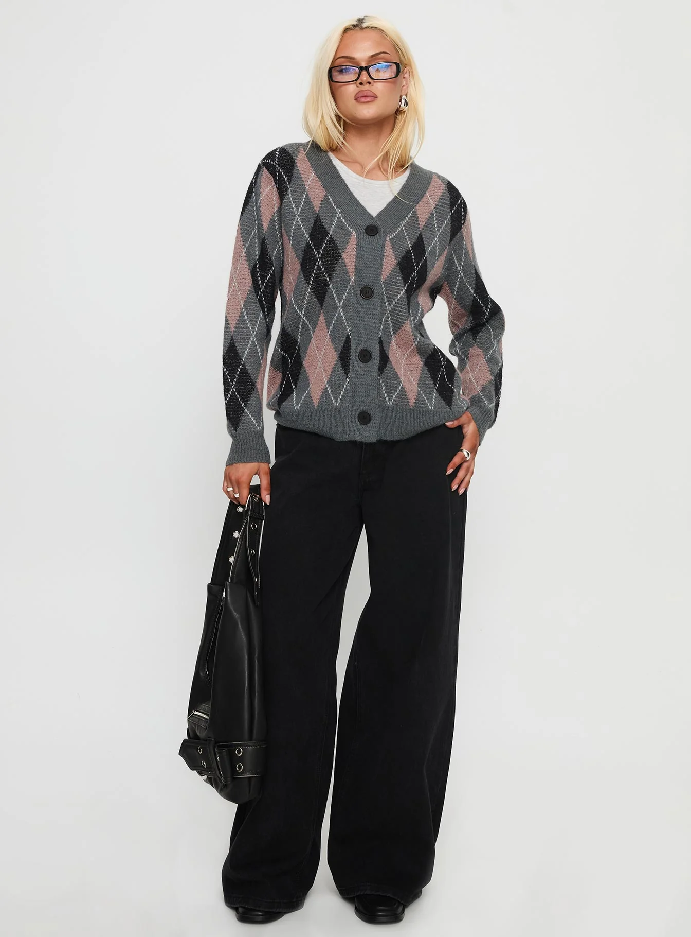 Zeeva Button Through Knit Cardigan Grey Argyle