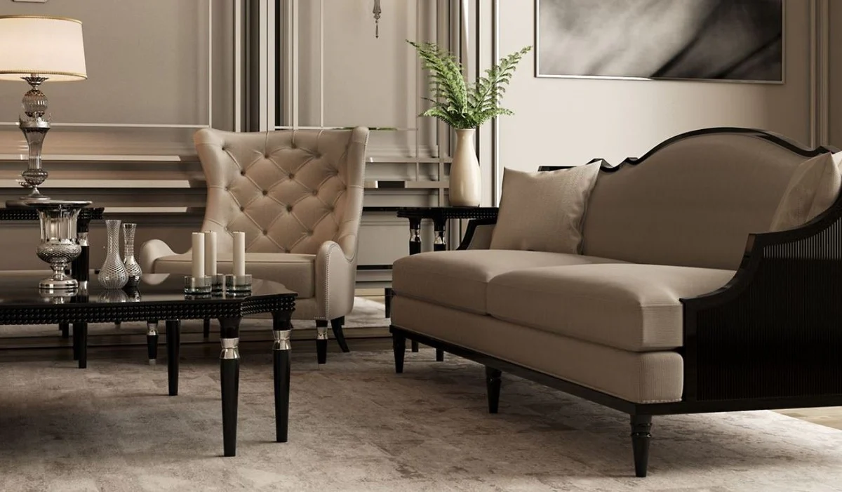 Luxury Art Deco Chesterfield wing chair gray / black / silver 90 x 75 x H. 105 cm - living room armchair - luxury quality