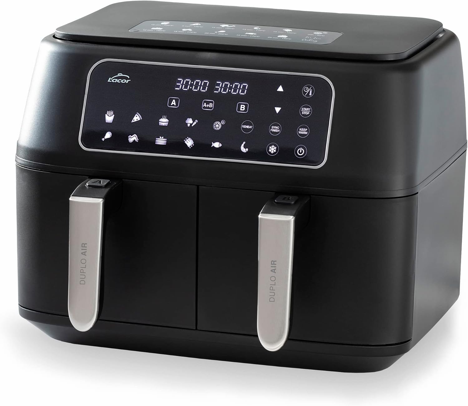 Lacor - 69508 - Friggitrice senza olio DuploAir, Friggitrice ad aria con touch screen, doppio cestello, 11 programmi, funzione disidratata, ECO antiaderente, 9L, 2400W