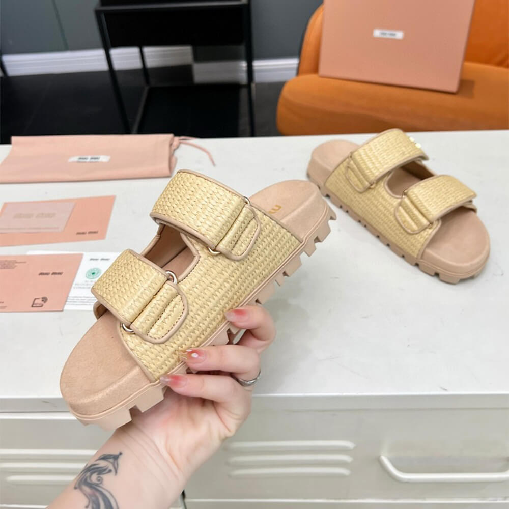 MiuMiu Raffia-effect woven fabric slides - Top Club