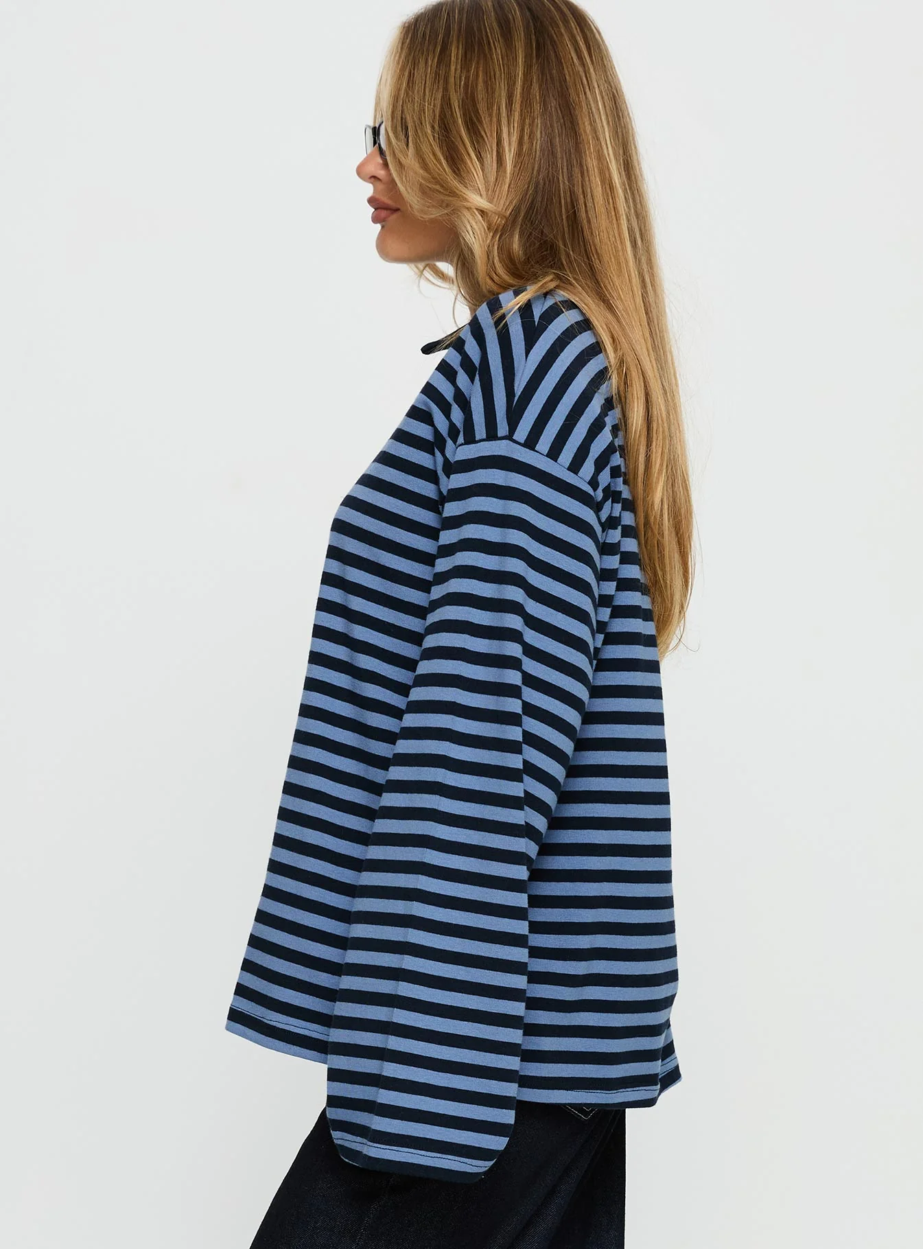 Settle Down Collared Long Sleeve Top Navy Stripe