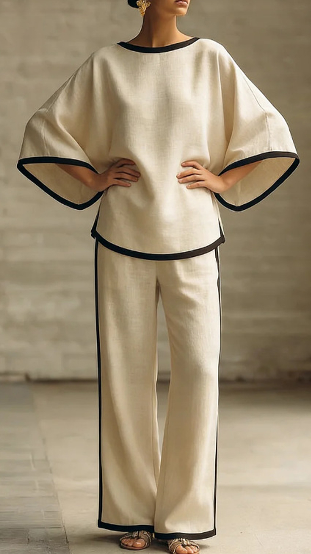 Women's Cotton-Blend Off-White Trimmed Loose Top & Wide-Leg Pants Set - Nordfashionstorm - Women's Clothing, Fashion for You - Nordfashionstorm.com