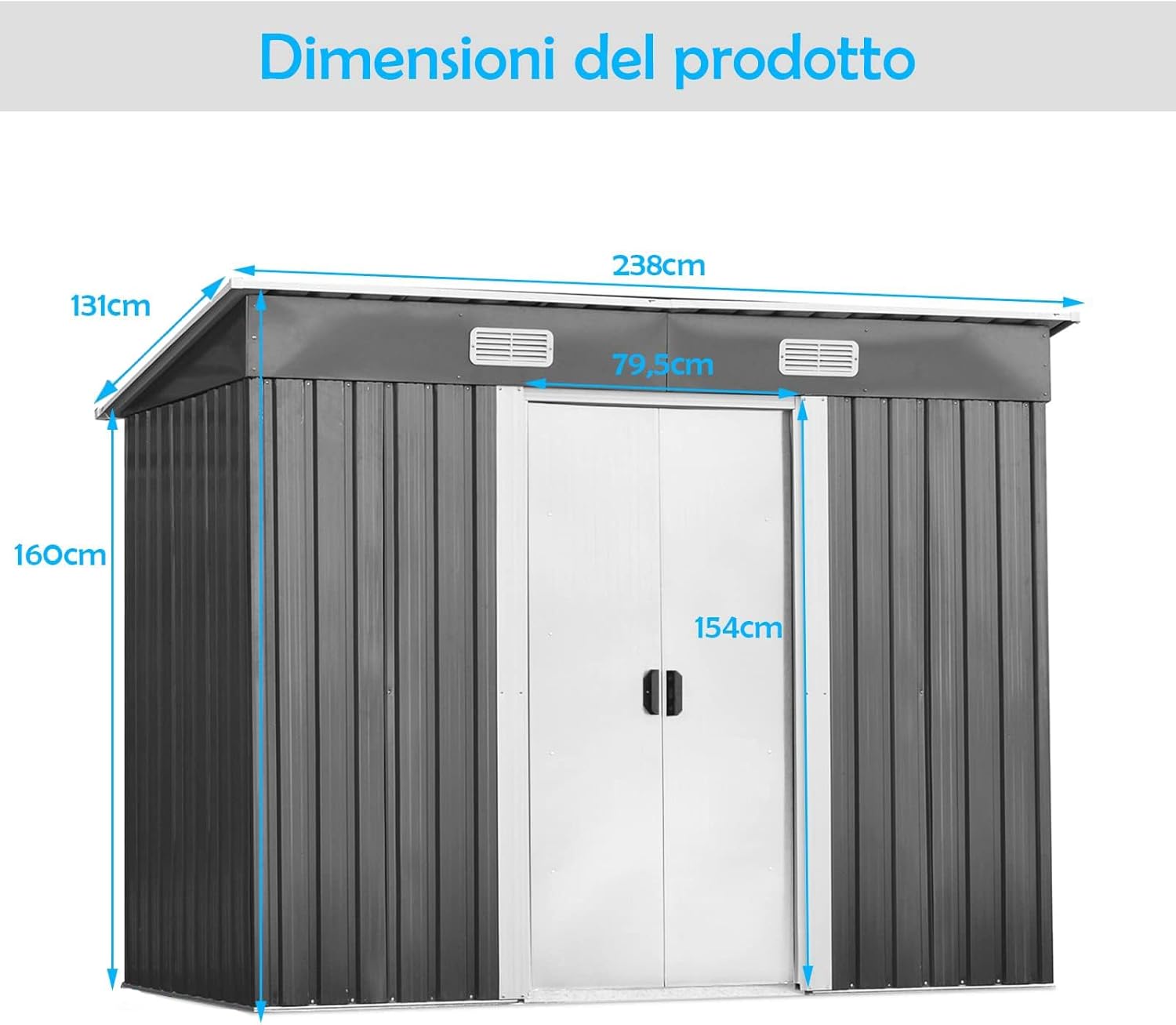 RELAX4LIFE Casetta da Giardino 3,12 m² 5 m³, in Lamiera d'Acciaio e e Lamiera Zincata con2 Porte Scorrevoli, Tetto Inclinato, per Porta Attrezzi, Tosaerba 238×131×160cm