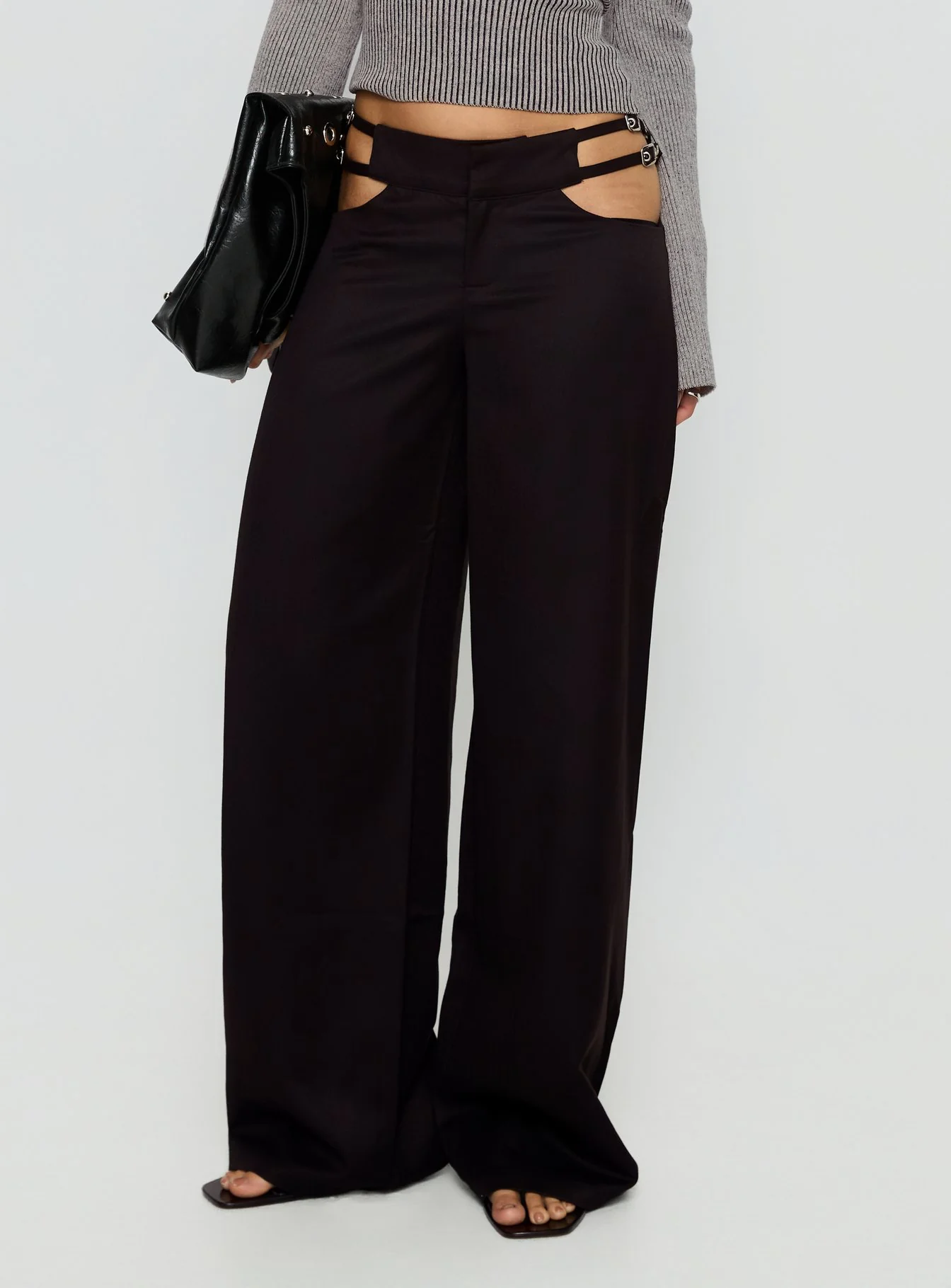Venicia Belt Detail Suiting Pant Black Pinstripe