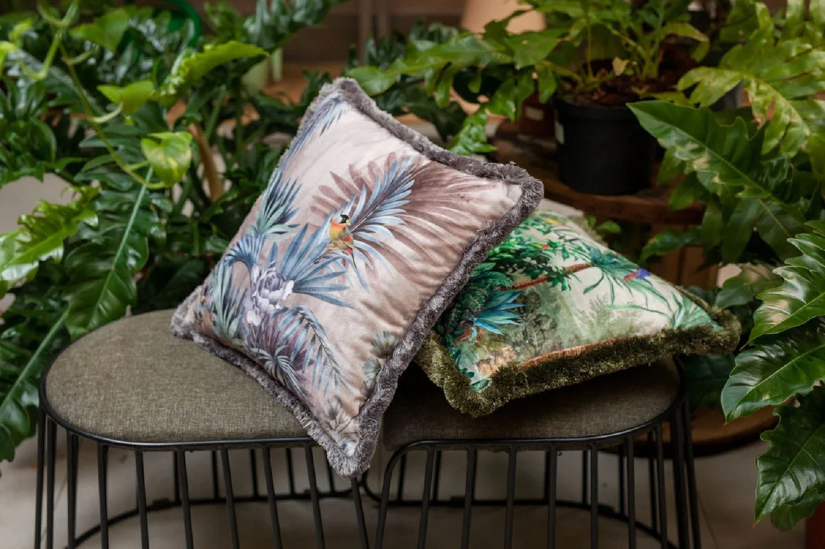 Luxury decorative cushion plants & birds multicolored 45 x 45 cm - printed velvet cushion with fringes - luxury collection