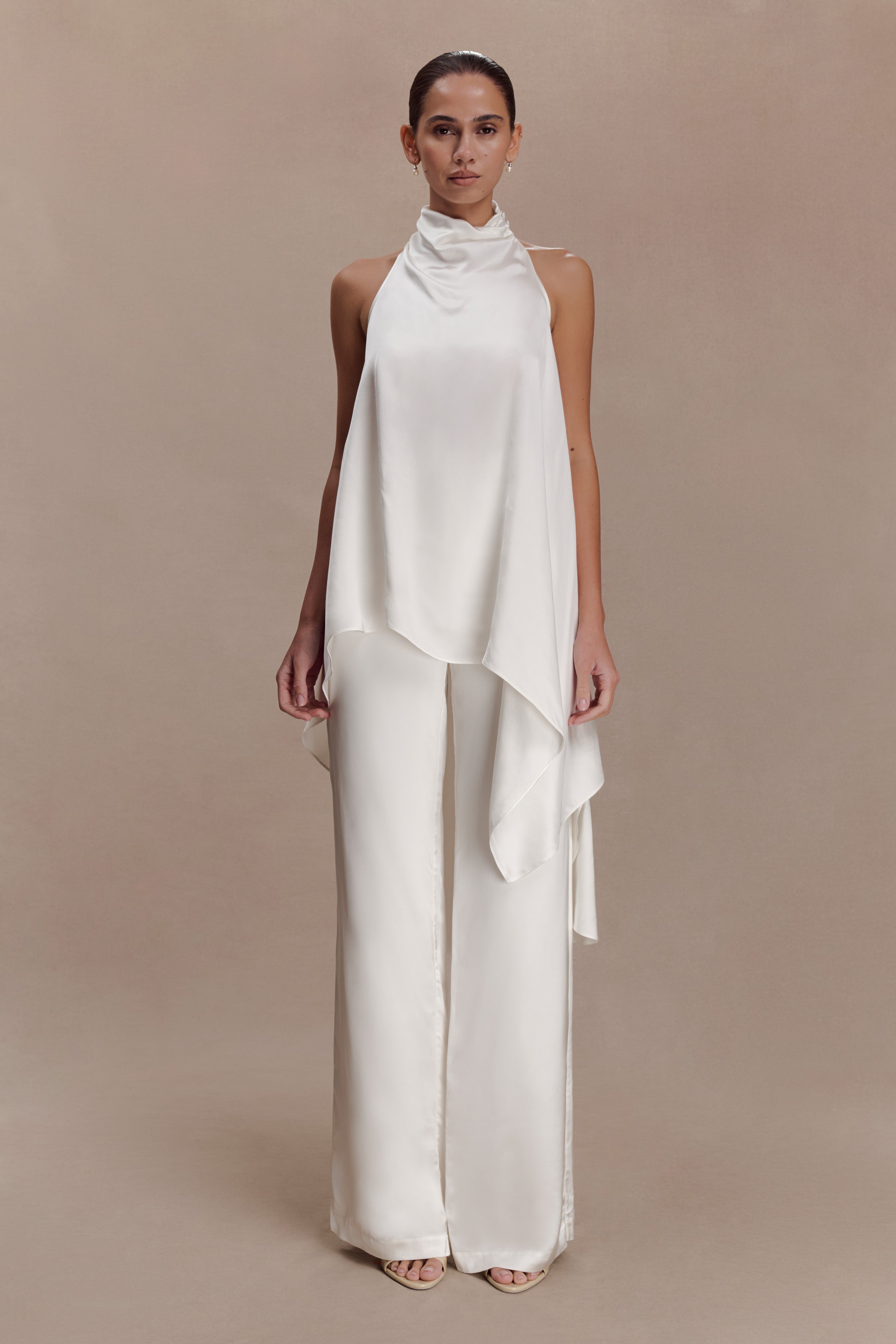 Sydney Asymmetrical Satin Halter Top - Ivory