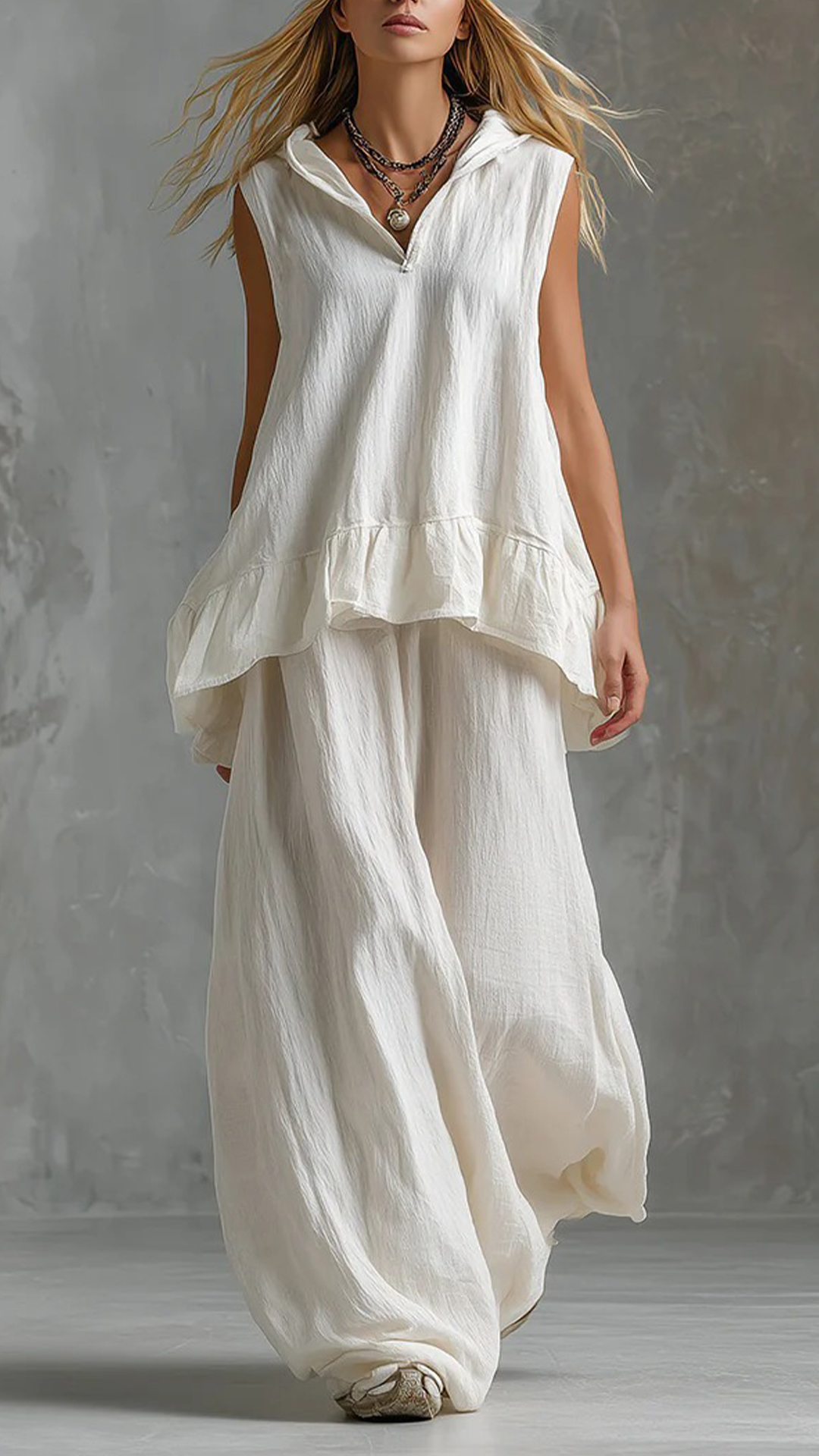 Women's Cotton-Blend Light Blue Ruffled Sleeveless Loose Set - Nordfashionstorm - Women's Clothing, Fashion for You - Nordfashionstorm.com