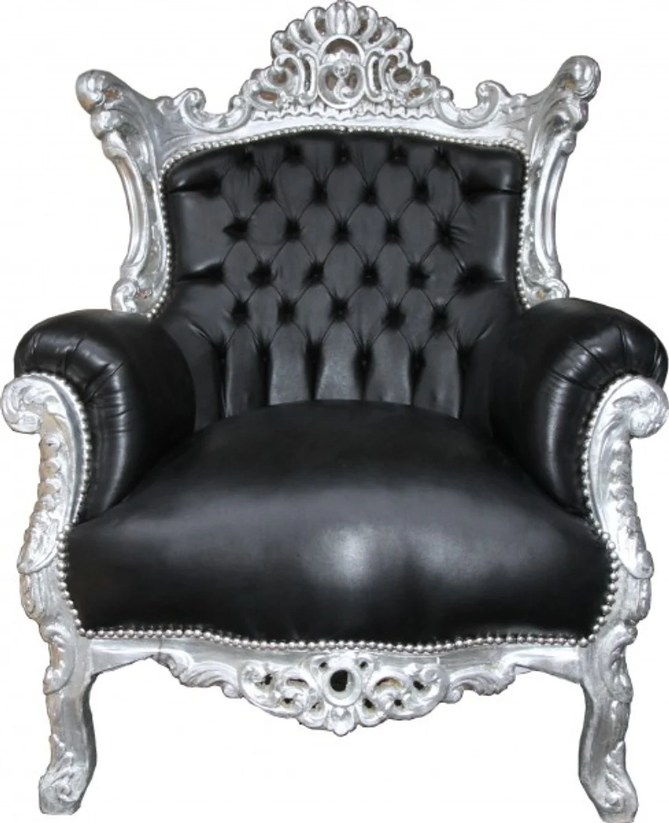 Baroque armchair Al Capone black leather look/silver Mod1 - antique style