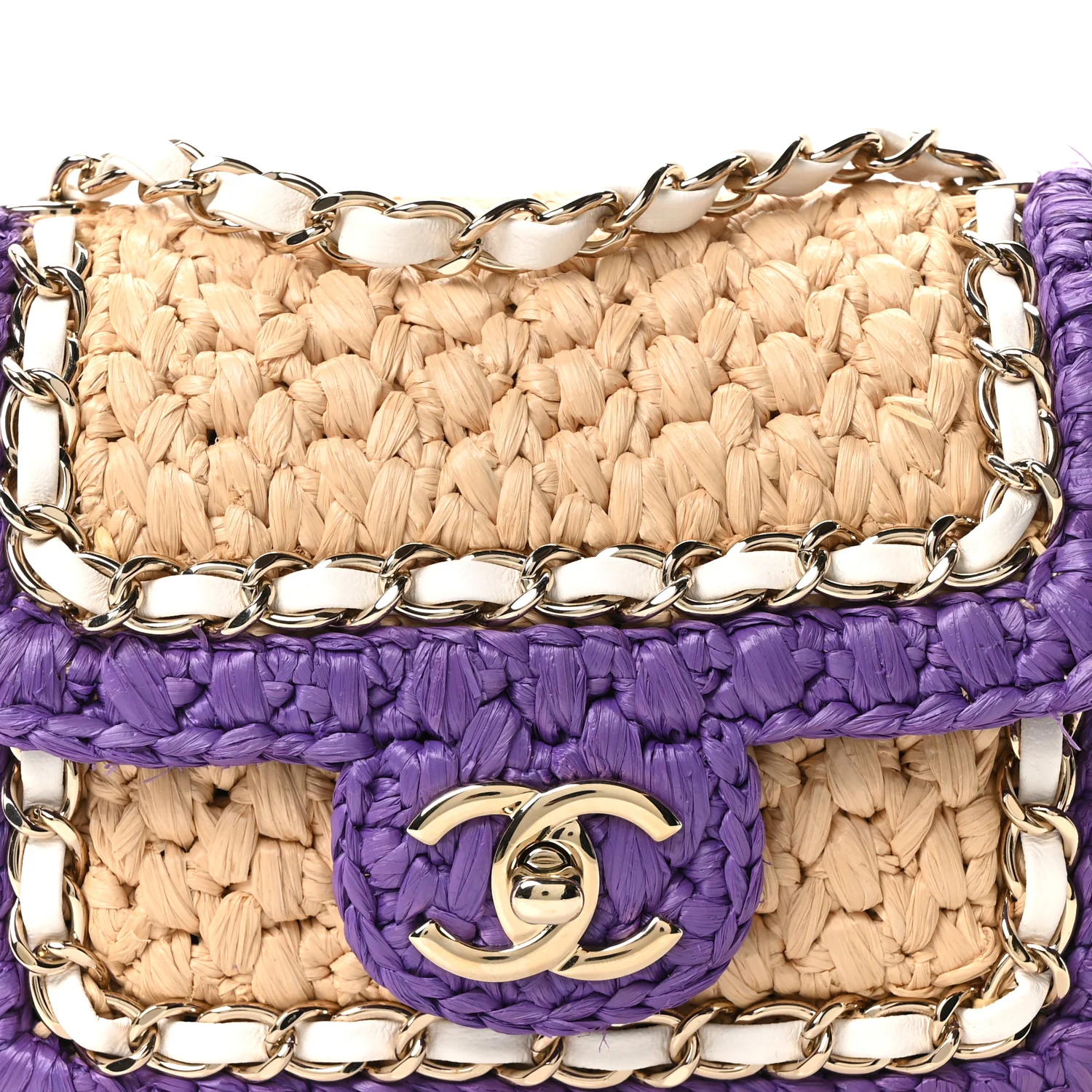Raffia Chain Venice Beach Mini Flap Bag Beige Purple - Top Club