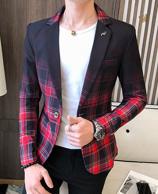 Casual Lapel Collar Ombre Plaid Print One Button Slim Fit Blazer