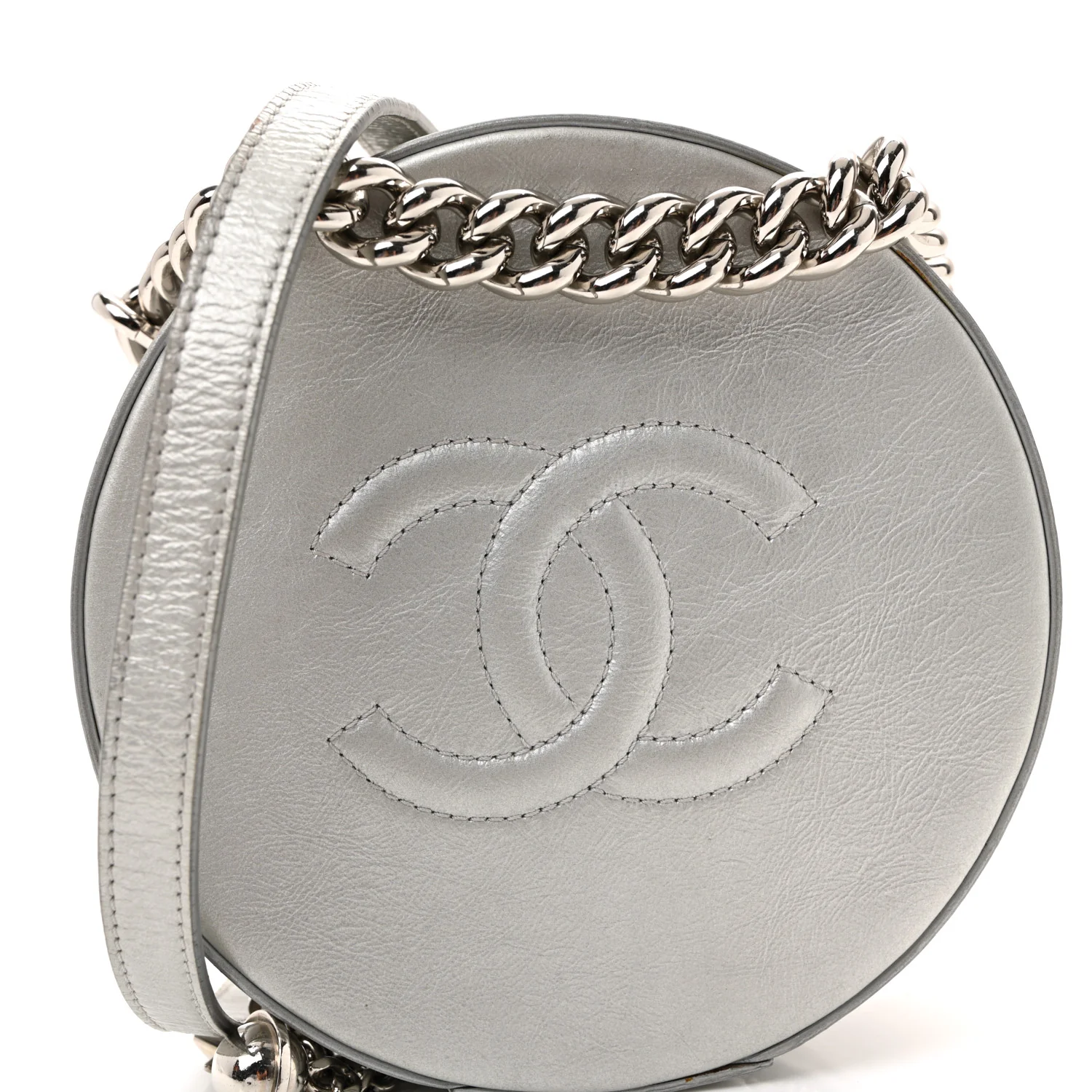 Metallic Glazed Calfskin Round As Earth Evening Bag Silver - Top Club