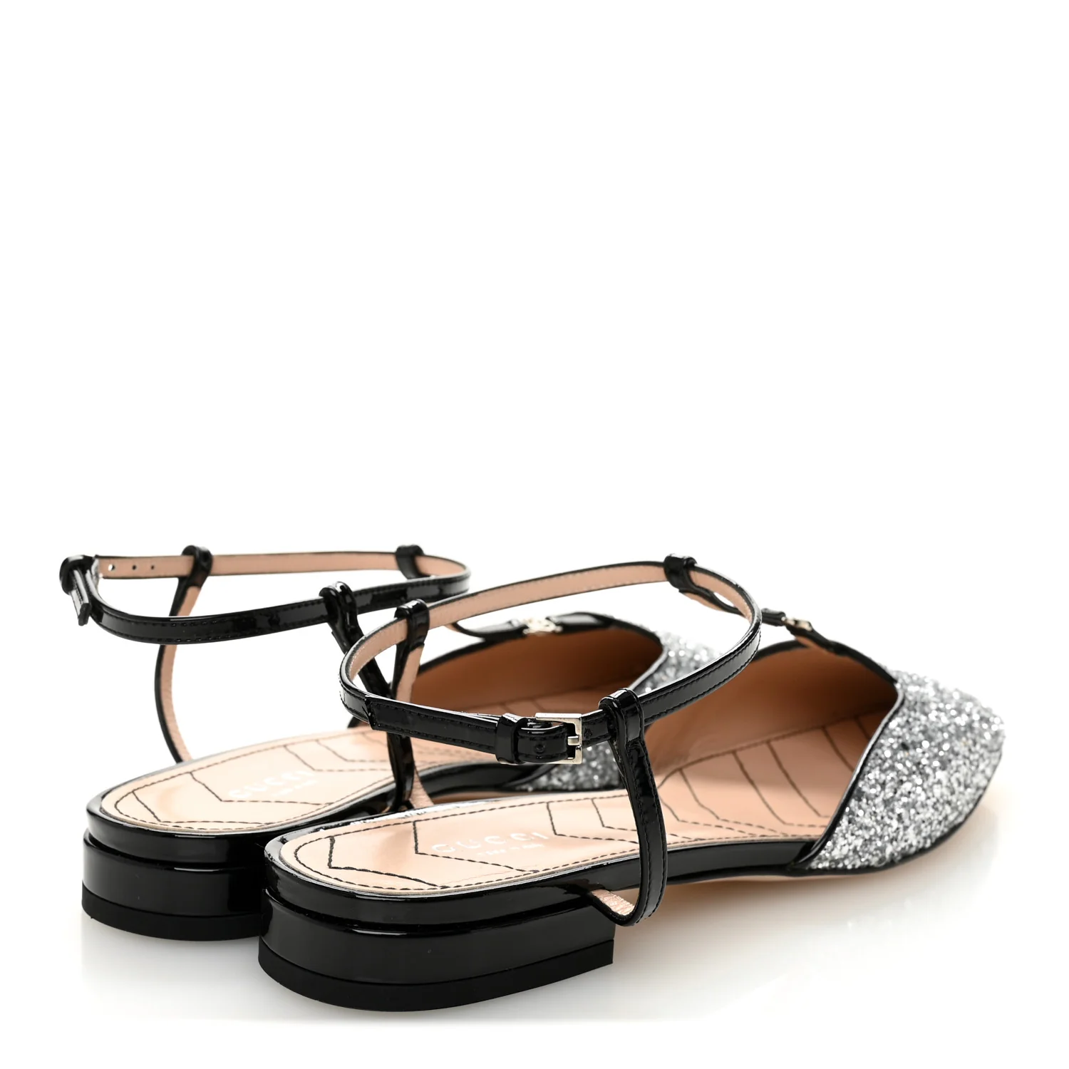 Calfskin Glitter Double G Slingback Flats 39 Silver Black - Top Club