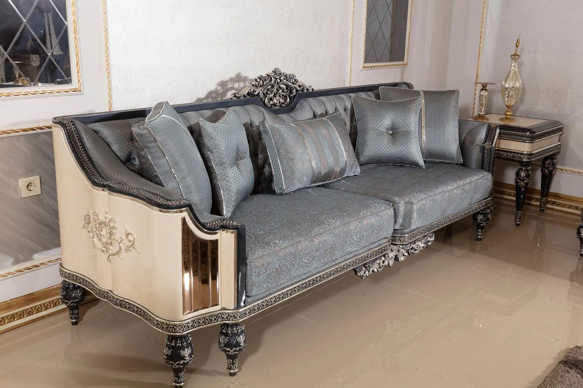 Luxury Baroque Living Room Set Light Blue / Beige / Black / Gold - 2 Sofas & 2 Armchairs & 1 Coffee Table & 2 Side Tables - Handmade Living Room Furniture in Baroque Style - Noble & Magnificent