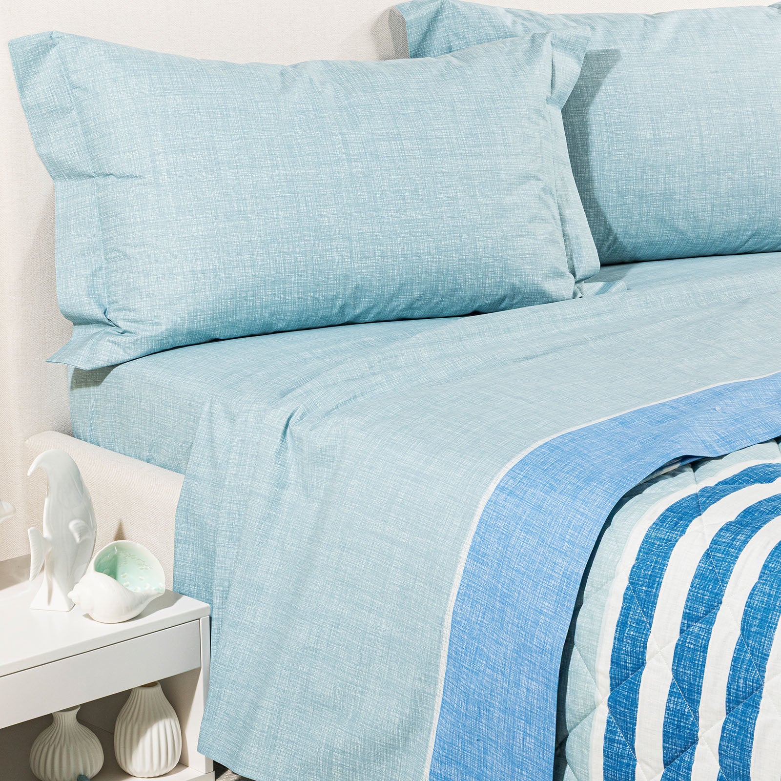 Completo Lenzuola In Cotone River Francese 2 Federe Blu Caleffi