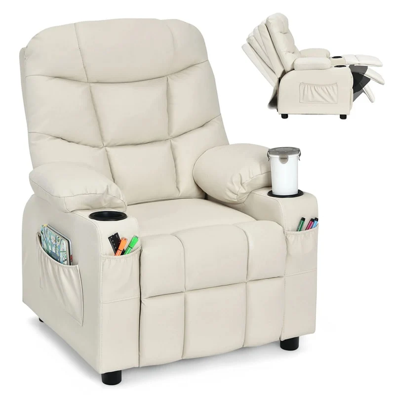 Kids Recliner Chair PU Leather Adjustable Lounge Sofa with Cup Holder, 3 Pockets & Retractable Footrest, Ergonomic Toddler Furniture Sofa