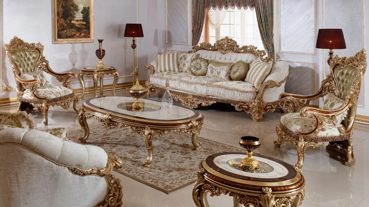 Luxury baroque coffee table white / brown / gold - magnificent living room table with glass top - baroque living room furniture - noble & magnificent