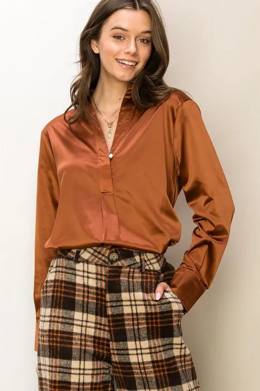 Hang in there Satin Half Placket Blouce - ALJEGJ