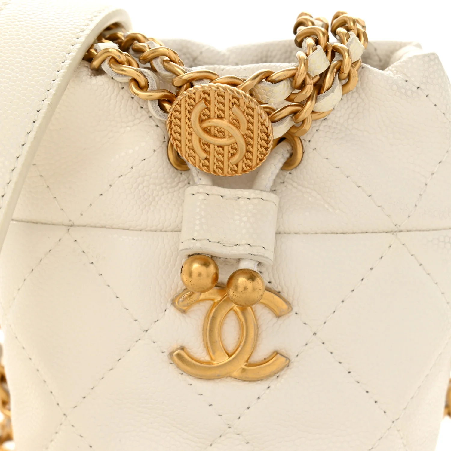 Caviar Quilted Twist Your Buttons Mini Bucket Bag White - Top Club