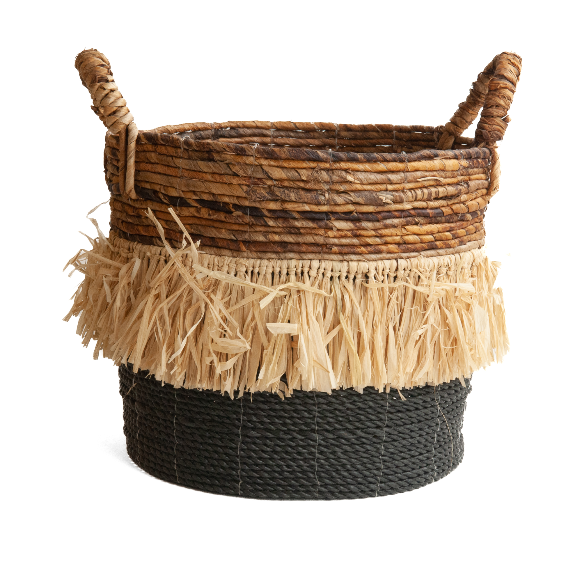 Seagrass waterhyacint mand met raffia natural/zwart L