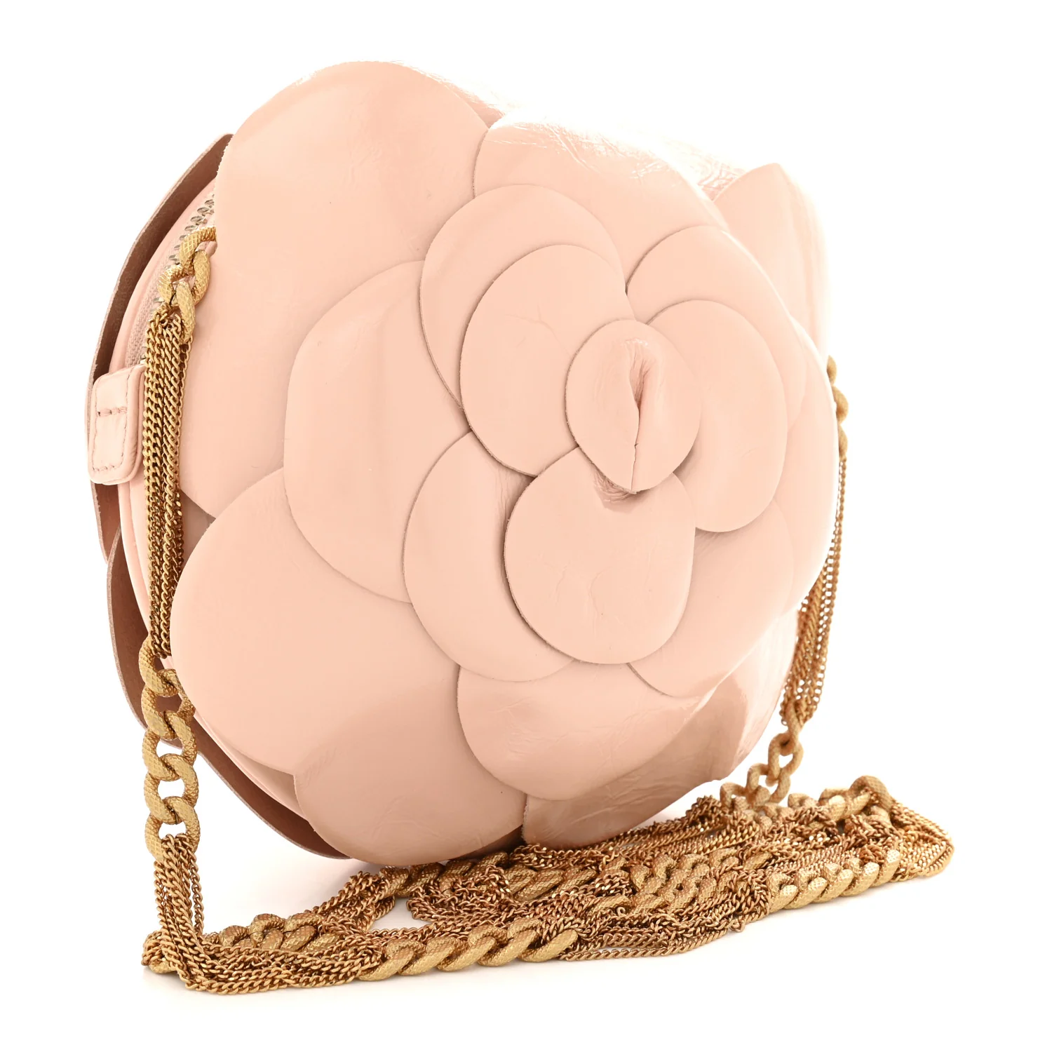 Patent Lambskin Camellia Bouquet Clutch With Chain Light Pink - Top Club