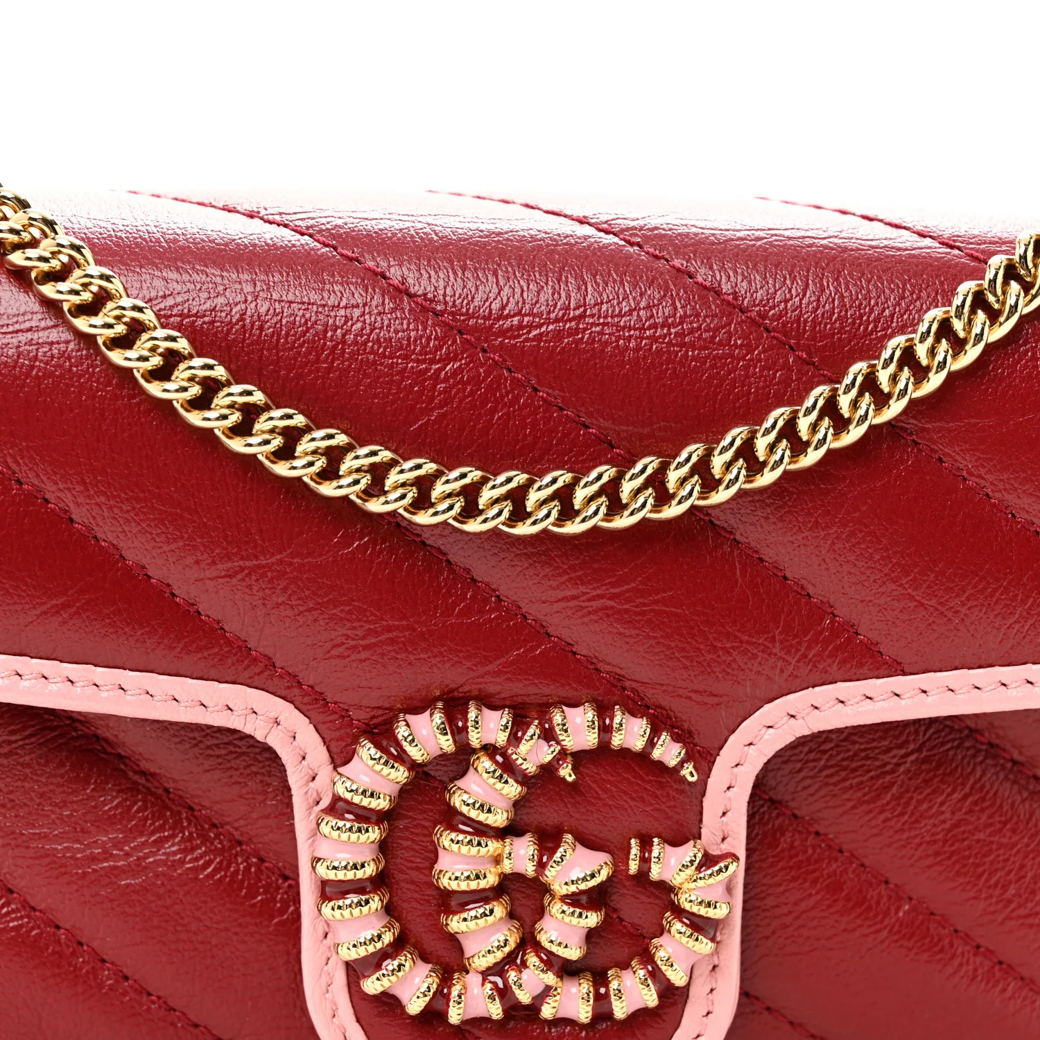 Azalea Calfskin Enamel Matelasse Diagonal Super Mini Torchon GG Marmont Shoulder Bag New Cherry Red Wild Rose - Top Club