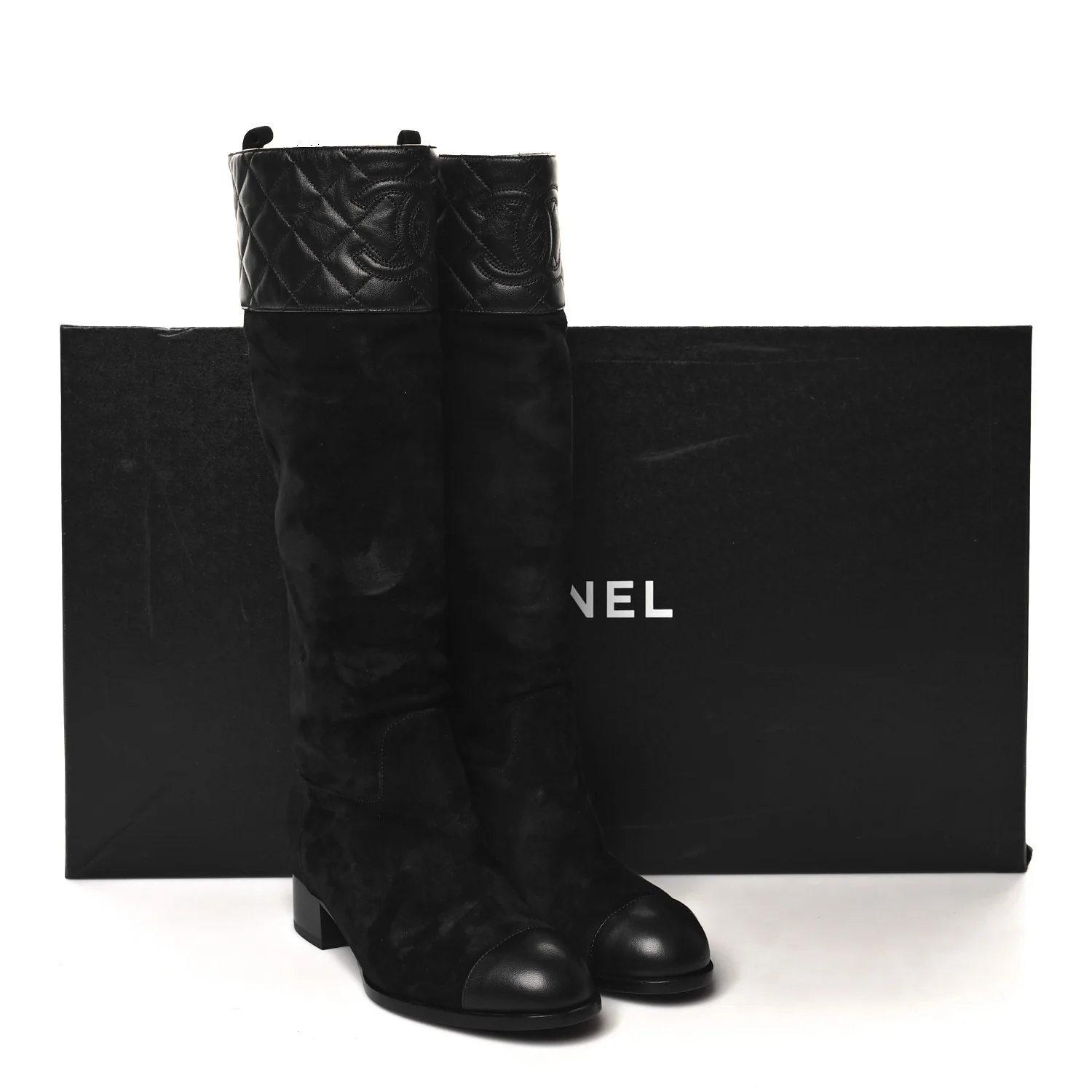 Suede Calfskin Lambskin Quilted Knee High Boots 37 Black - Top Club