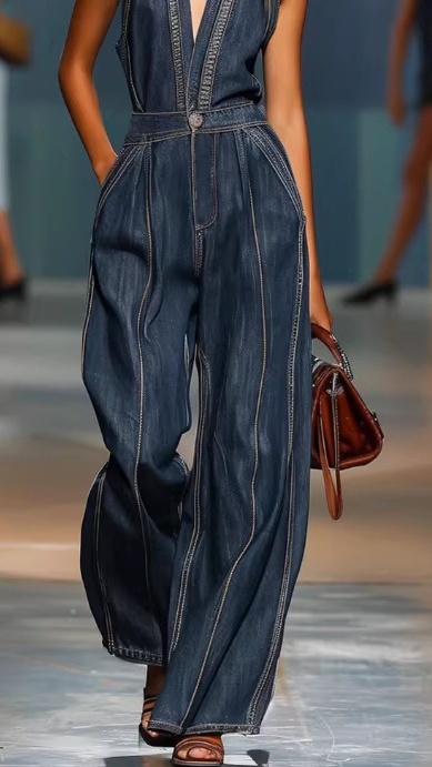 Women's V-neck casual retro sleeveless wide-leg denim jumpsuit - Nordfashionstorm - Women's Clothing, Fashion for You - Nordfashionstorm.com