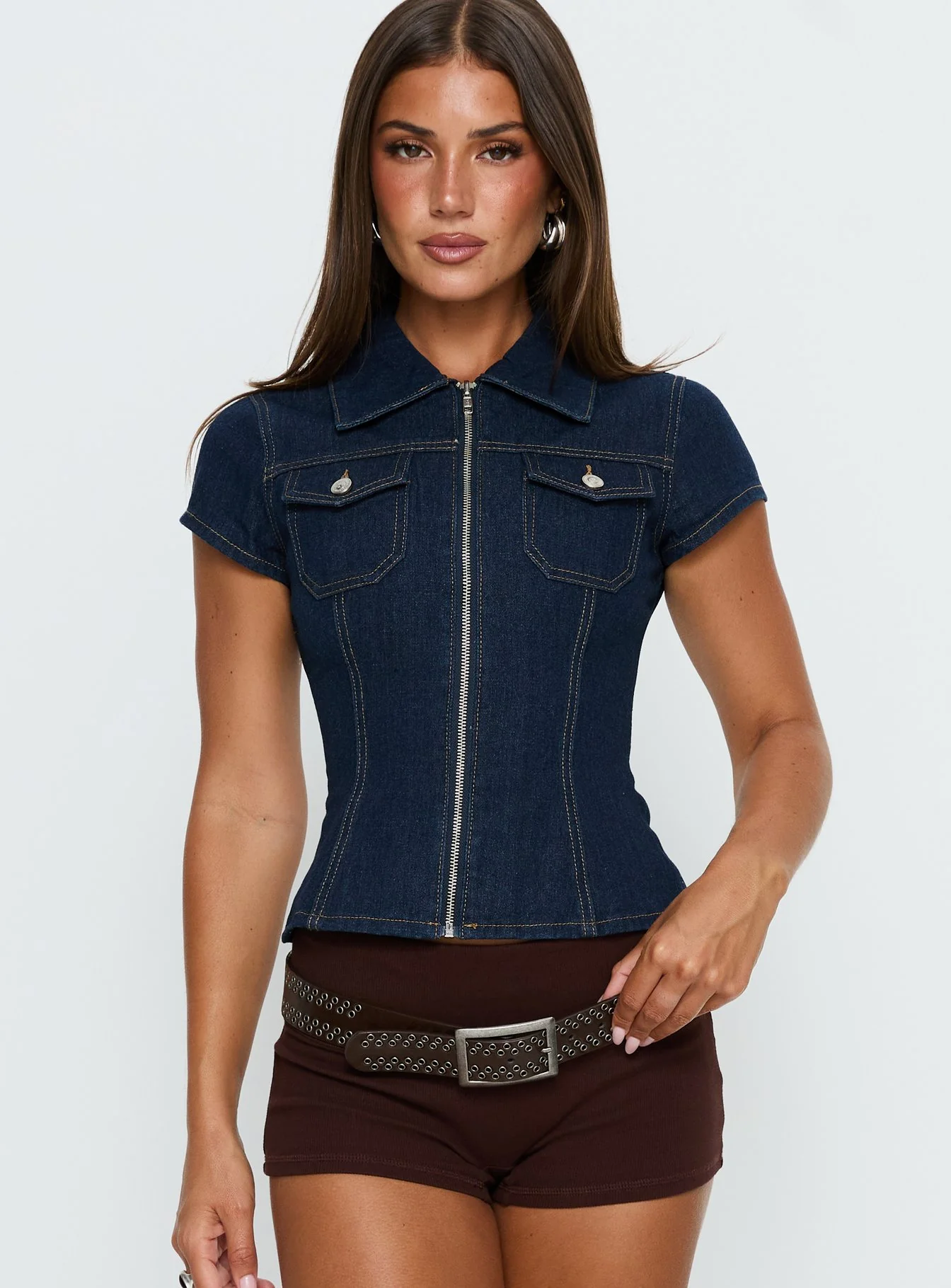 Liyana Denim Zip Up Short Sleeve Shirt Mid Blue