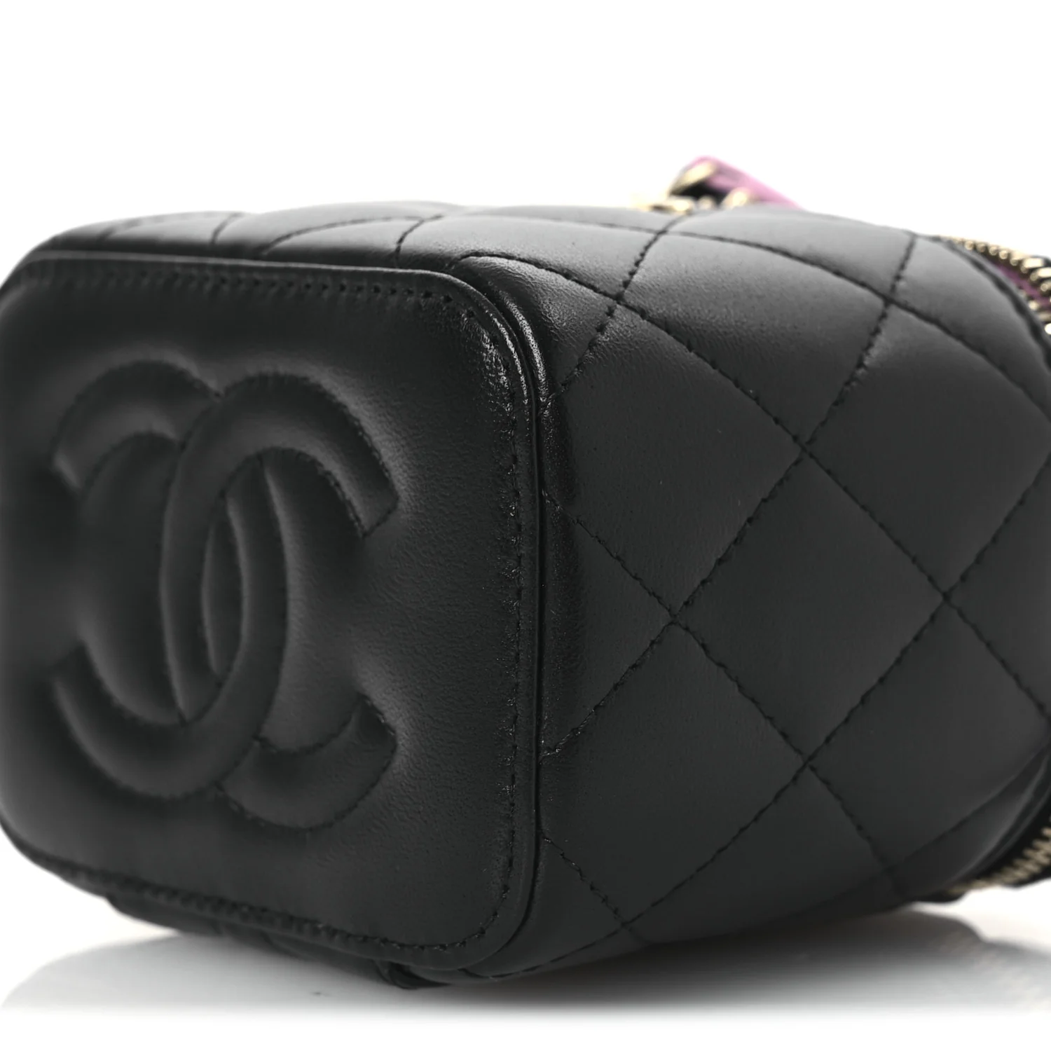 Lambskin Quilted Top Handle Mini Vanity Case With Chain Black Pink - Top Club