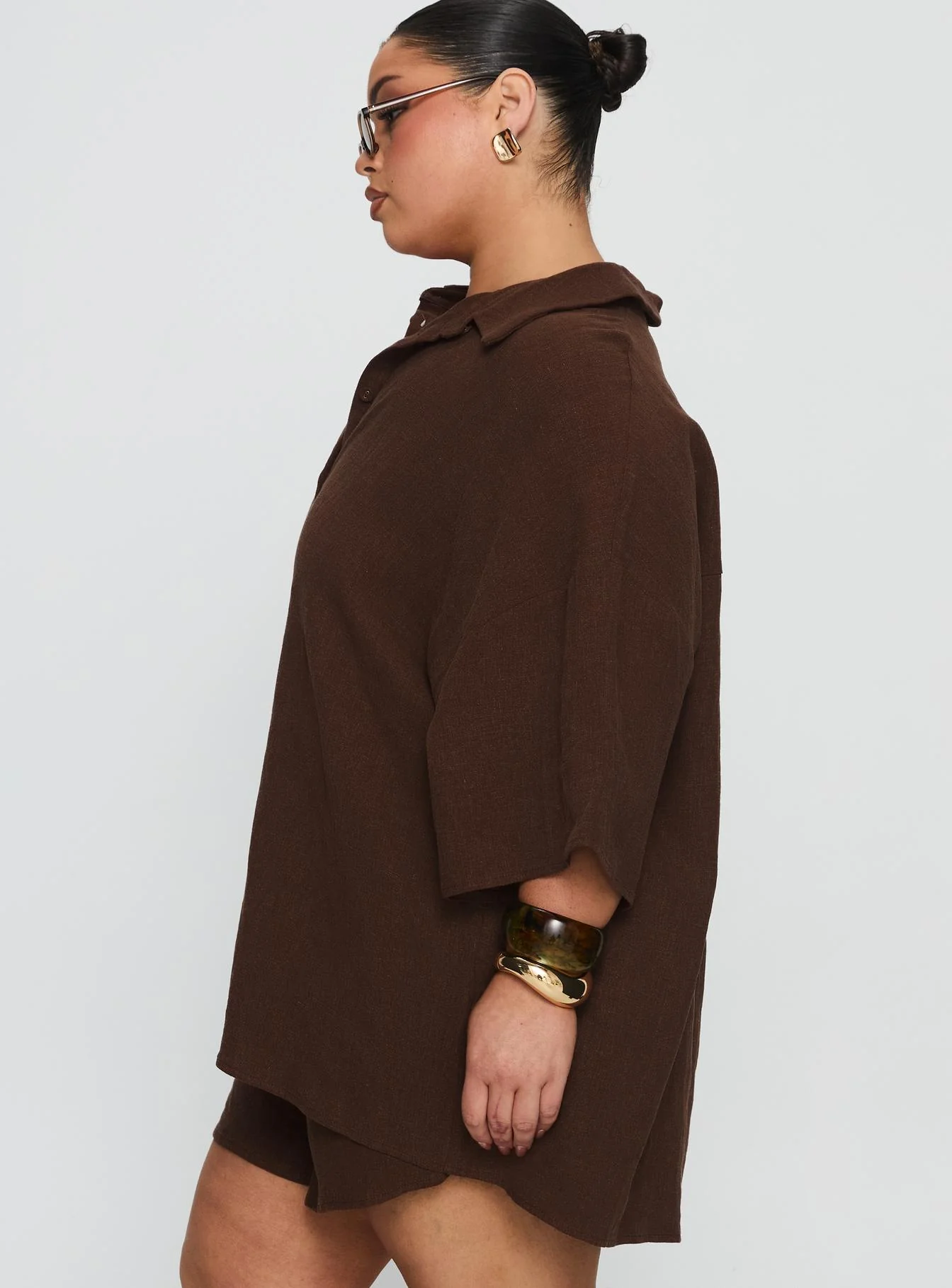 Peni Linen Button Down Top Chocolate Curve
