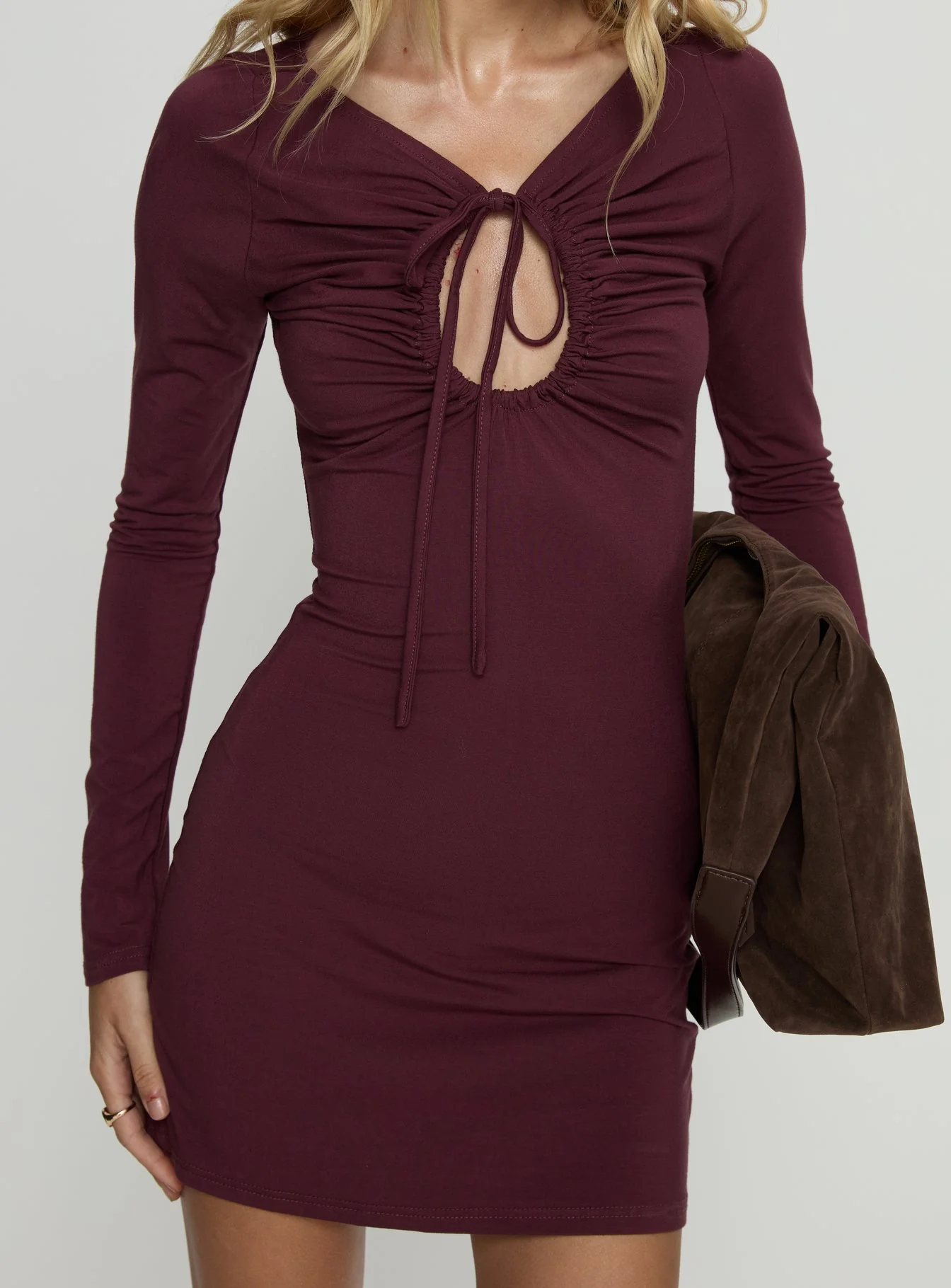 Angele Long Sleeve Keyhole Mini Dress Plum
