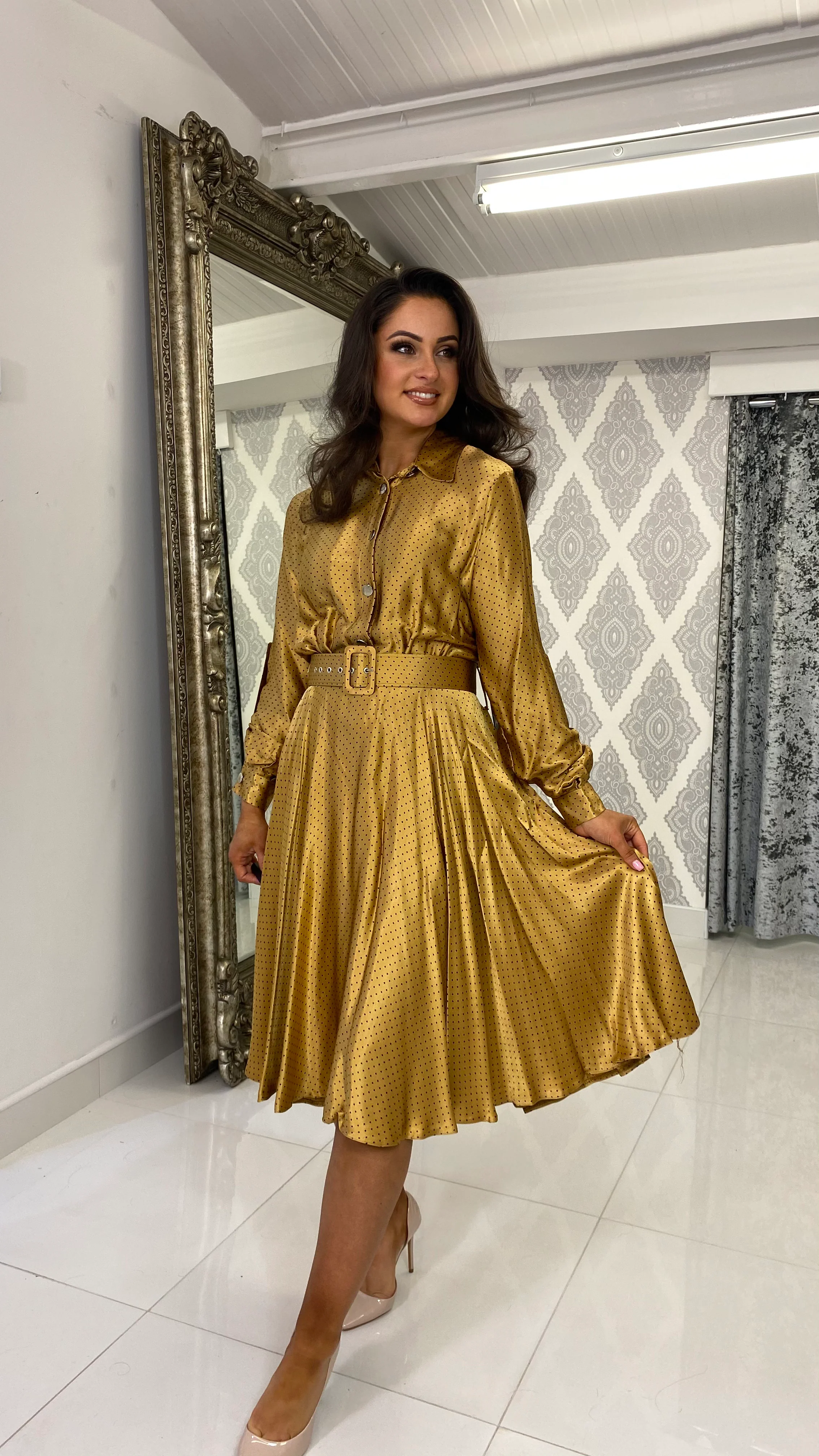 Gold Black Mini Dotted Silk Midi Shirt Dress