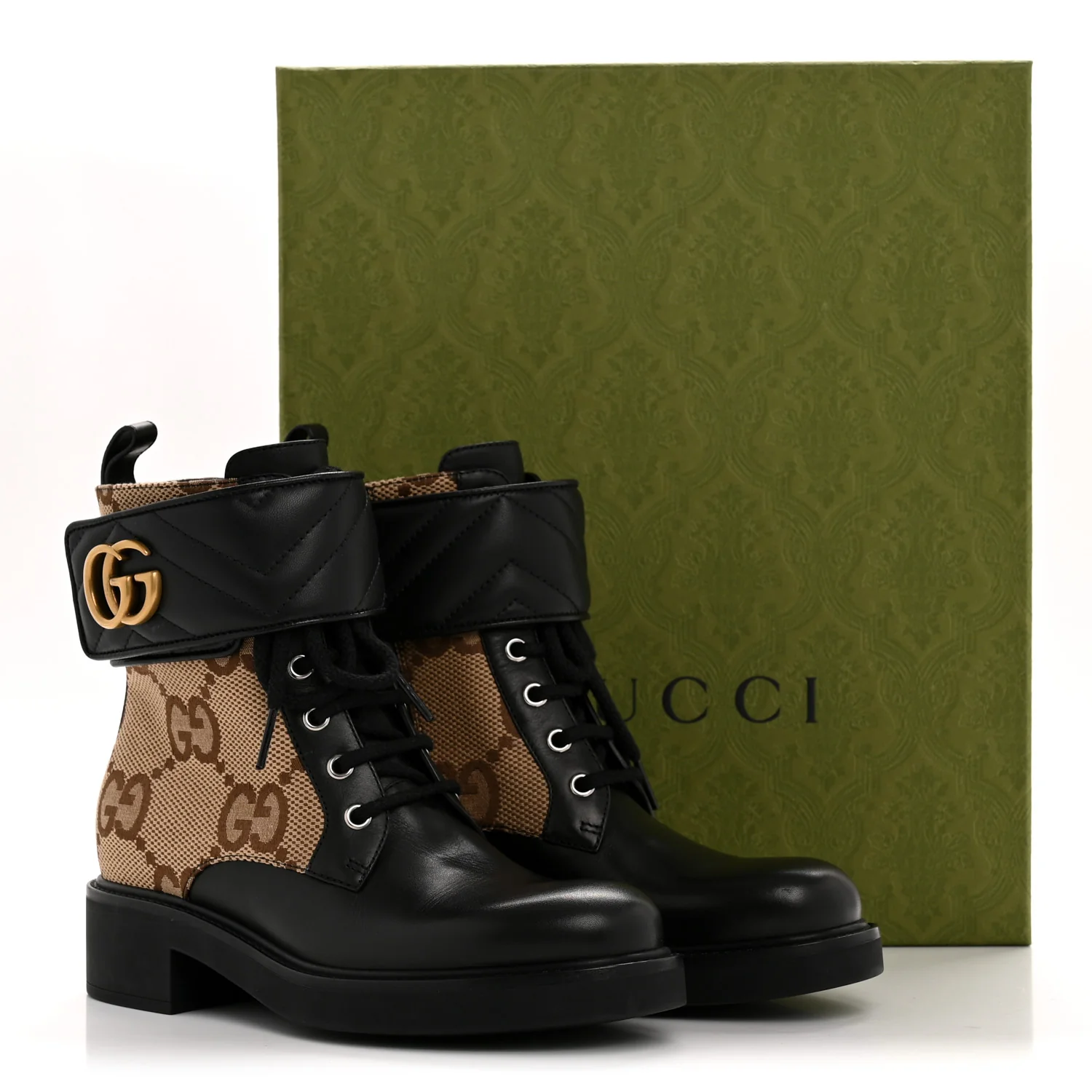 Flores Calfskin Monogram Maxi GG Nappa Matelasse Double G 40mm Ankle Boots 36.5 Black Camel Ebony - Top Club