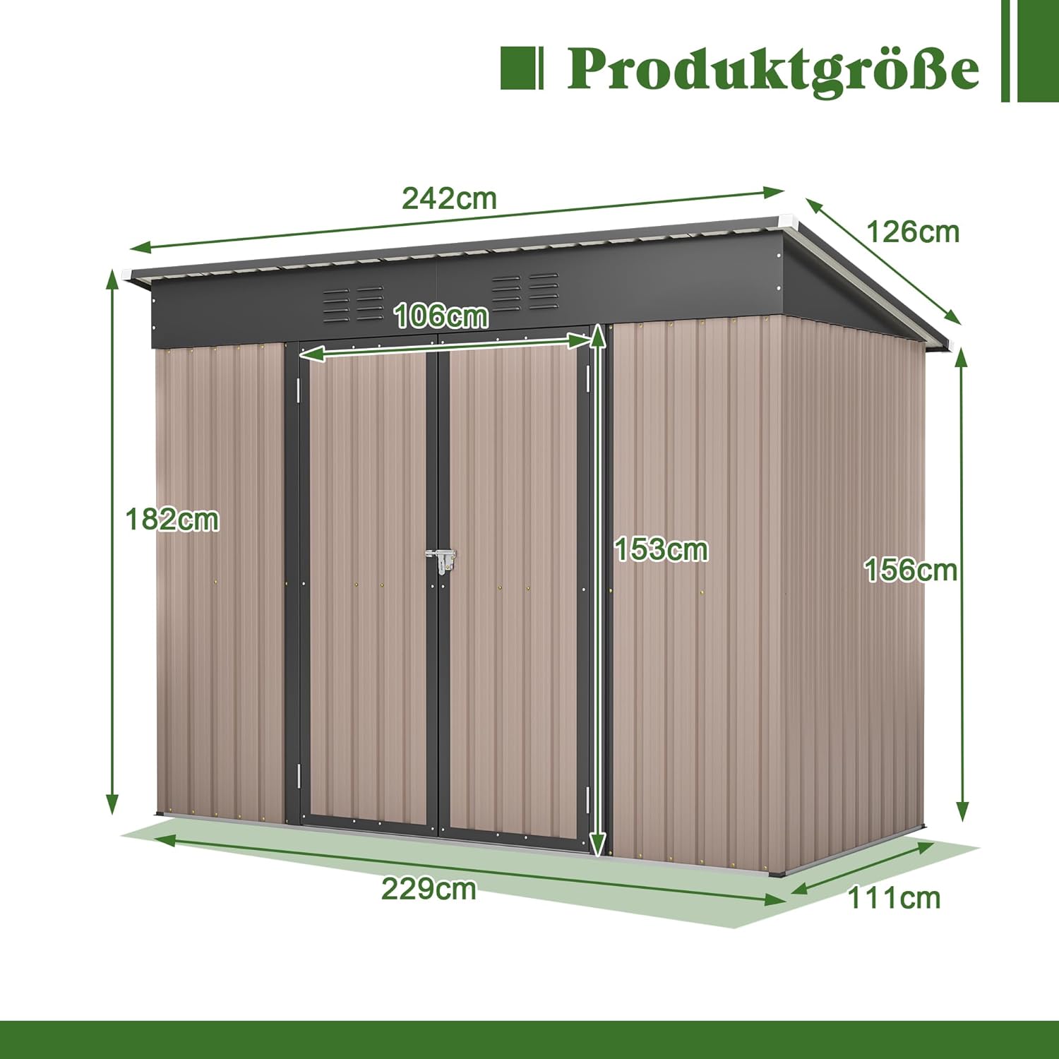 Casetta in metallo con tetto, 229 x 111 x 182 cm, capanno da giardino, include base in metallo (senza pavimento), colore marrone