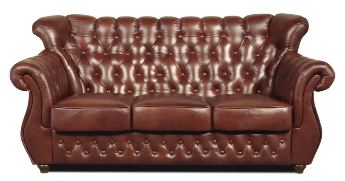 Chesterfield genuine leather 3-seater sofa in brown with dark brown feet 200 x 80 x H. 85 cm - luxury quality
