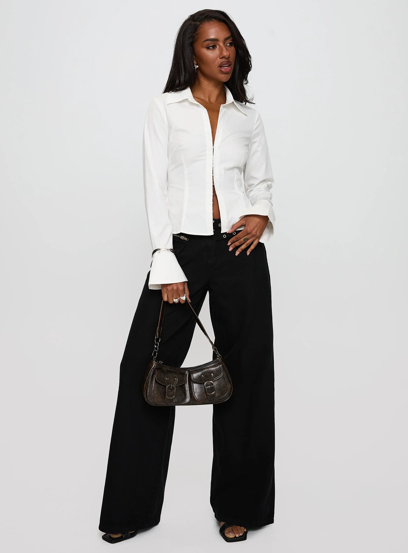 By The Phone Long Sleeve Collared Top White